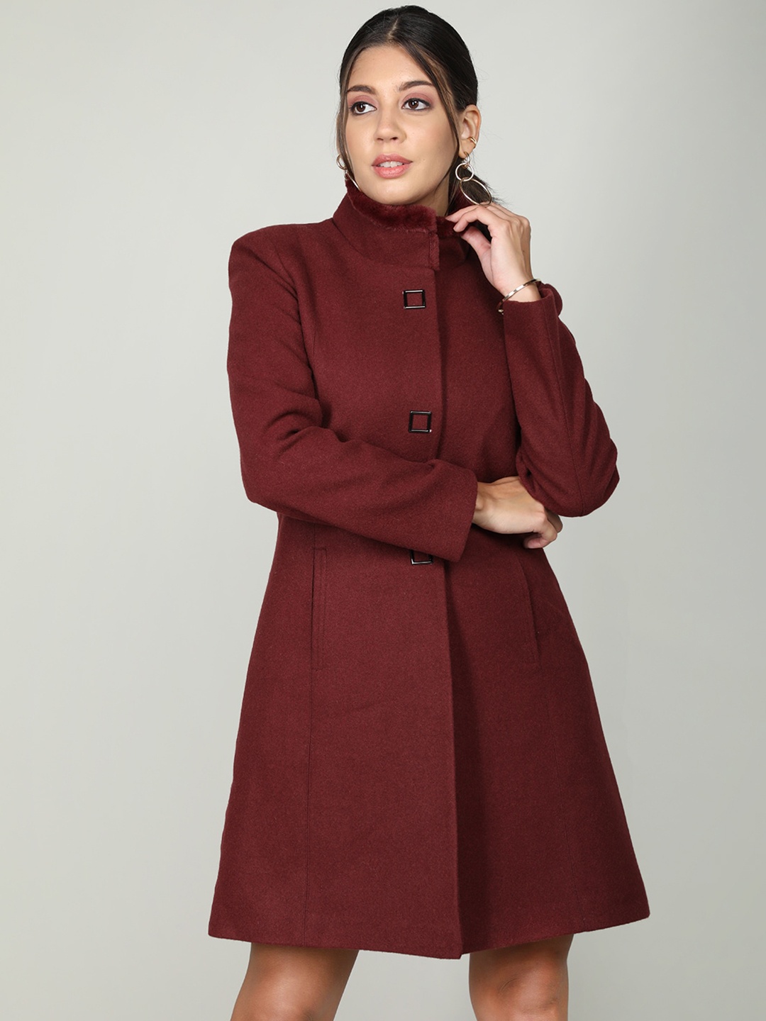 

PROTEX Single Breasted Stand Collar Overcoat, Maroon