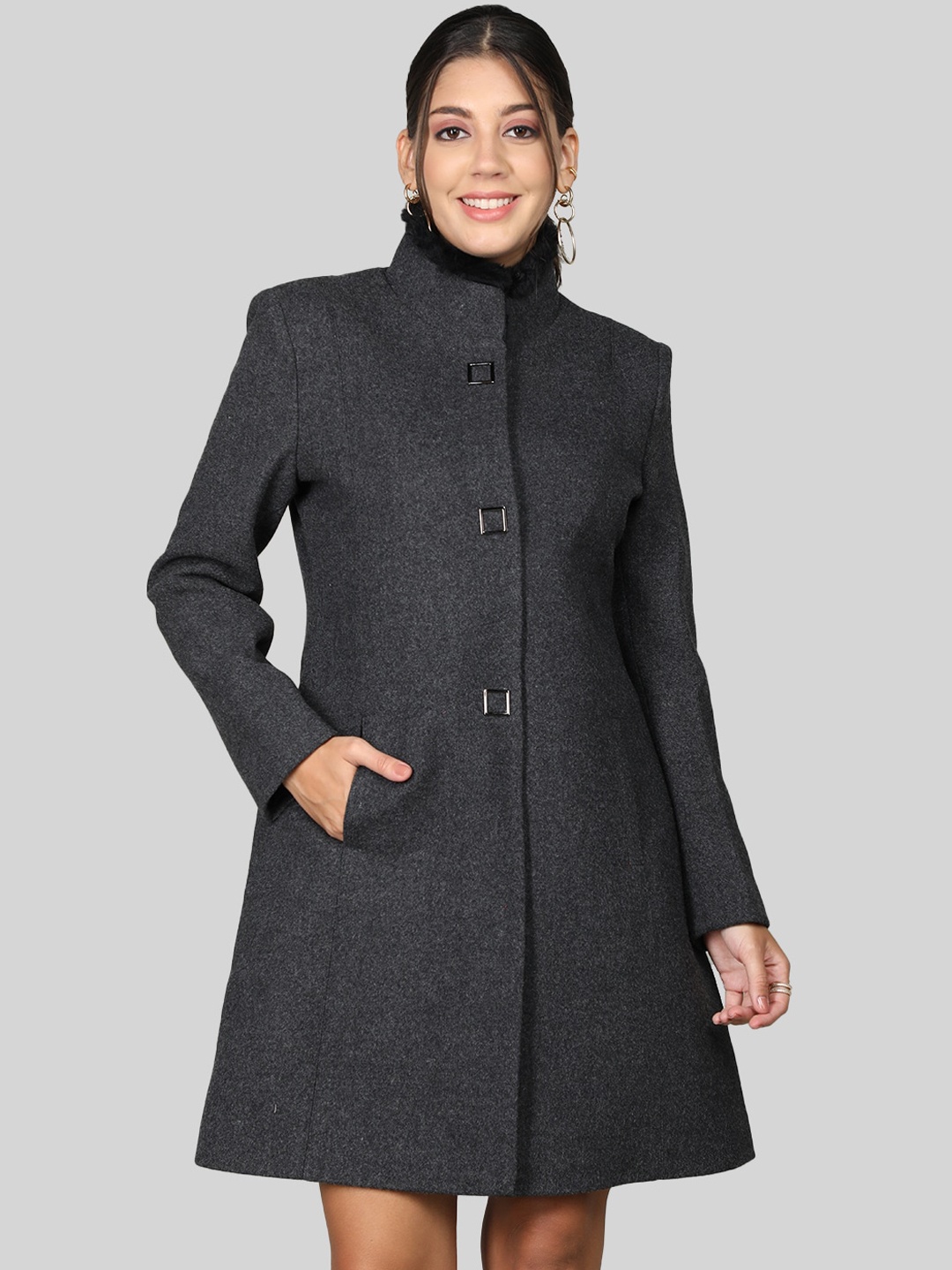 

PROTEX Self Design Longline Wool Overcoat, Black