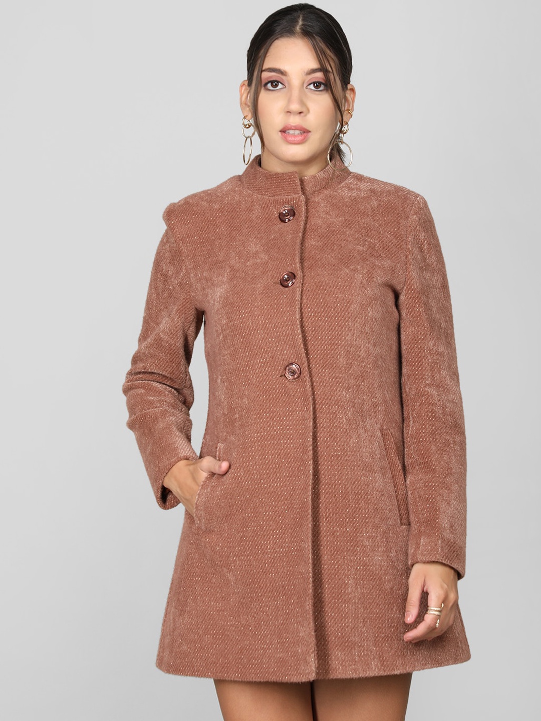 

PROTEX Self Design Stand Collar Woollen Longline Over Coat, Tan