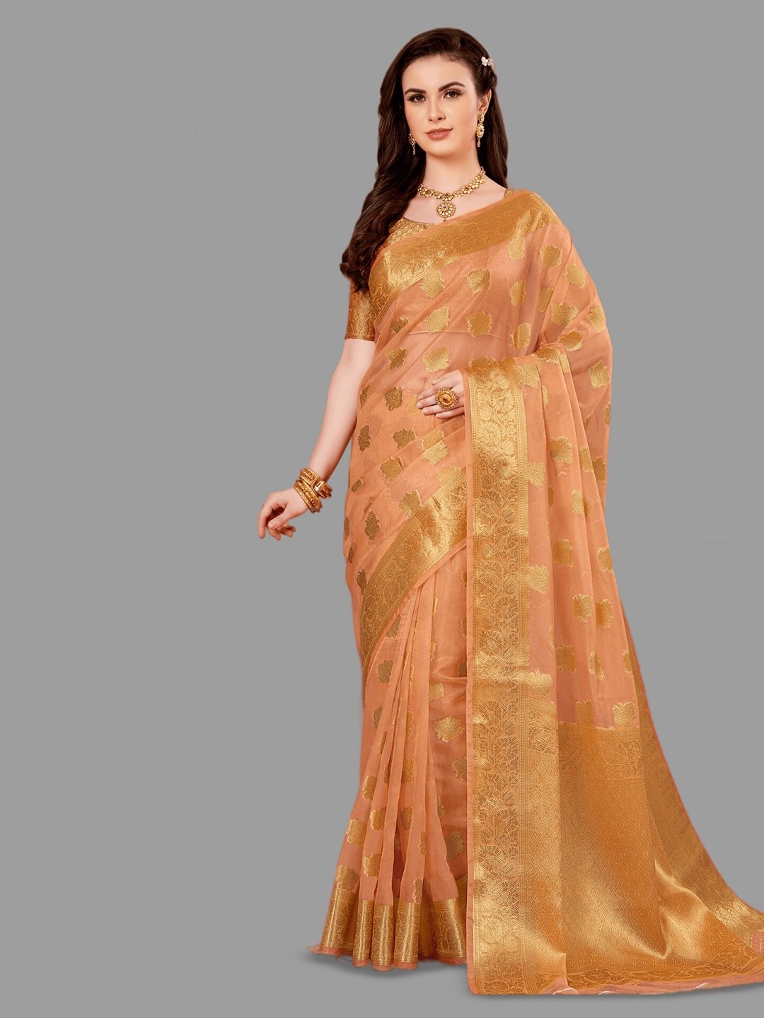 

HASRI Ethnic Motifs Woven Design Zari Organza Banarasi Saree, Orange