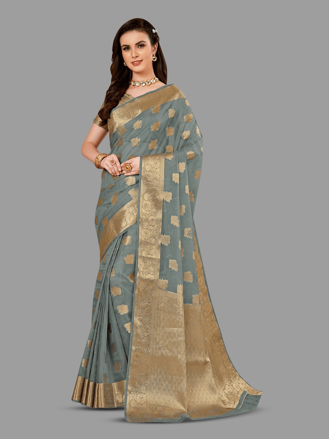 

HASRI Ethnic Motifs Woven Design Zari Organza Banarasi Saree, Grey