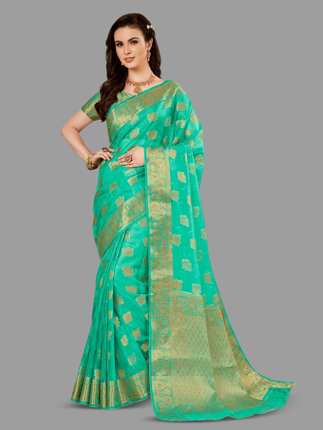 

HASRI Ethnic Motifs Woven Design Zari Organza Banarasi Saree, Green