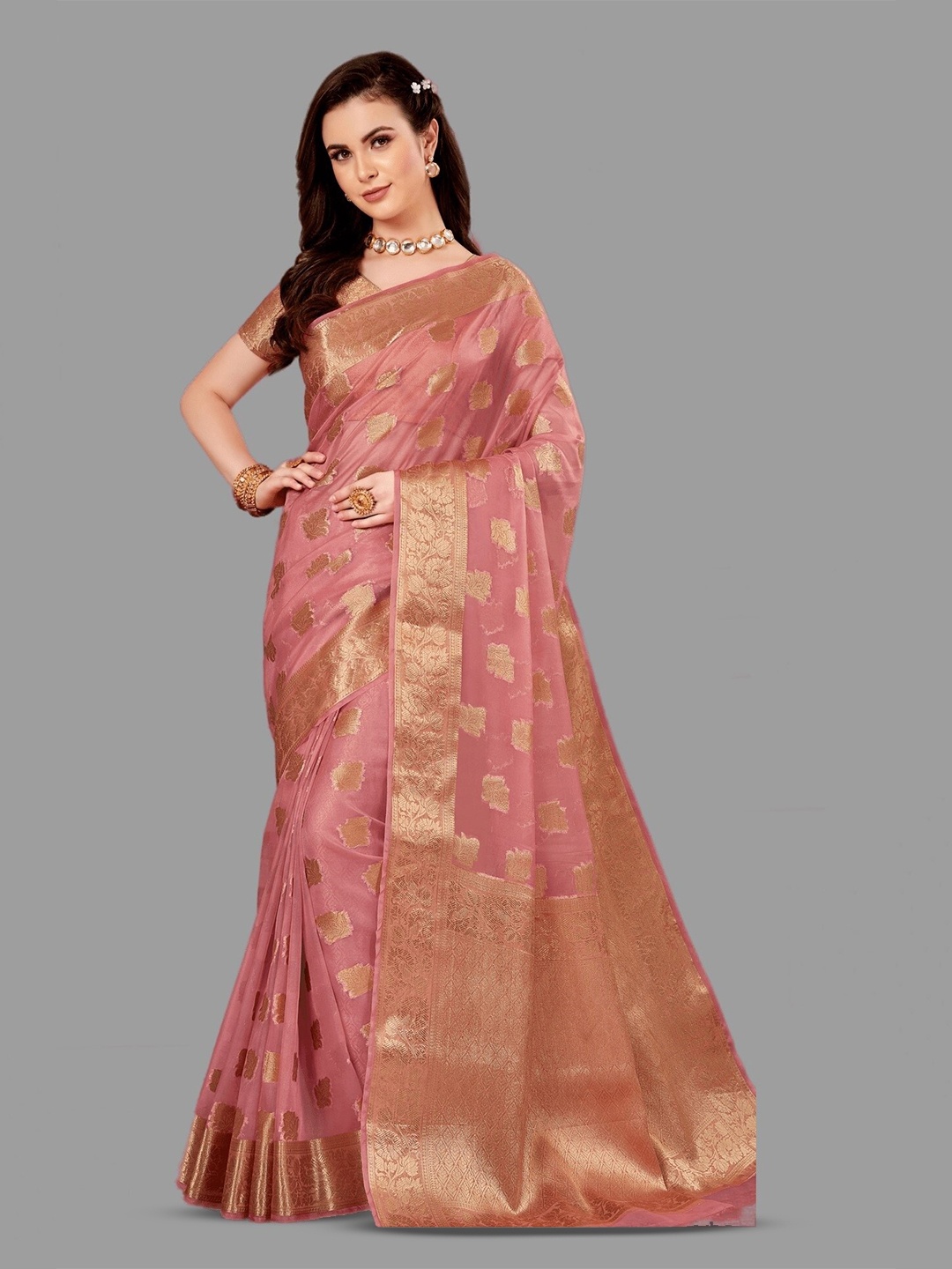 

HASRI Ethnic Motifs Woven Design Zari Organza Banarasi Saree, Coral