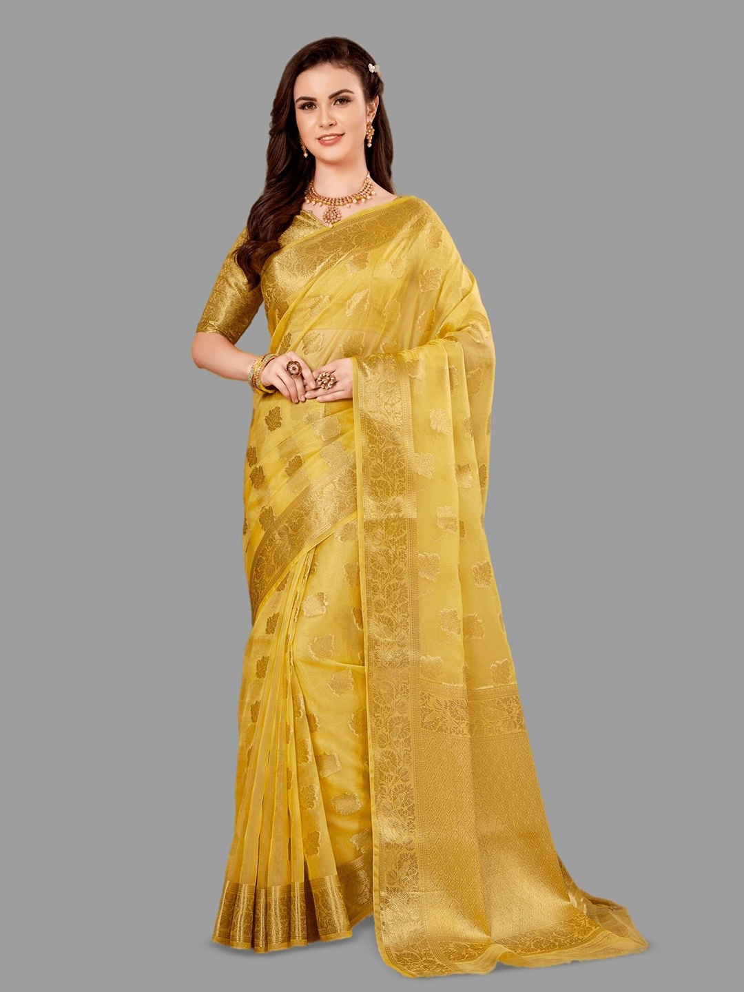 

HASRI Ethnic Motifs Woven Design Zari Organza Banarasi Saree, Yellow
