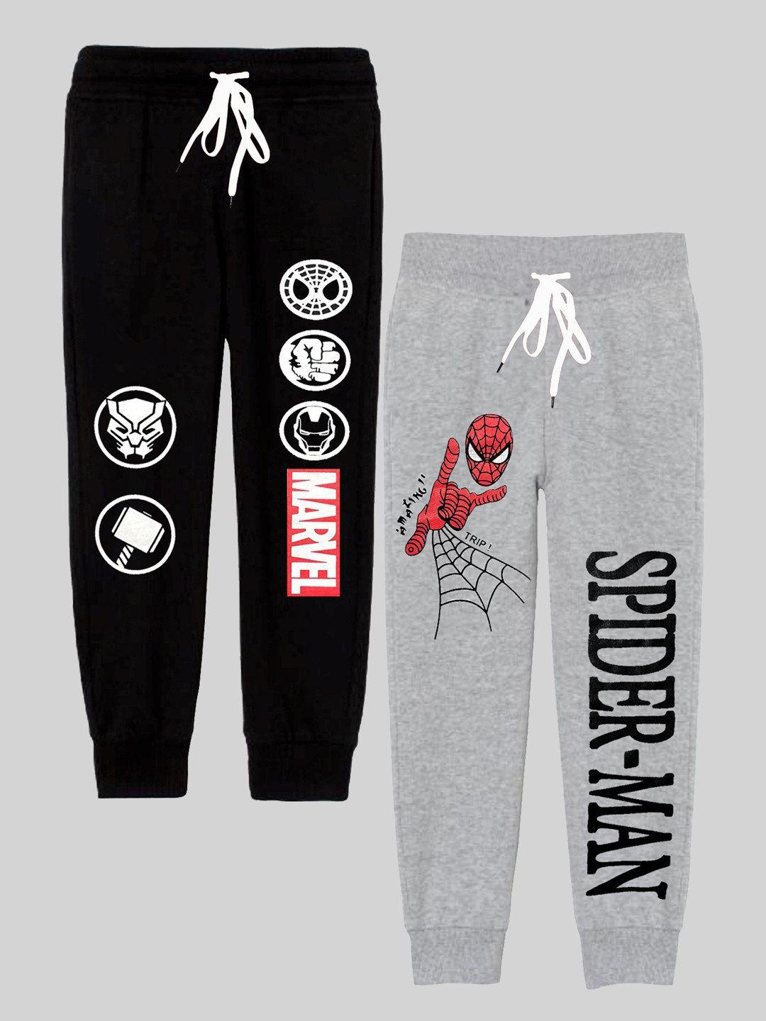 

KUCHIPOO Boys Pack Of 2 Marvel Printed Mid-Rise Regular Fit Joggers, Grey