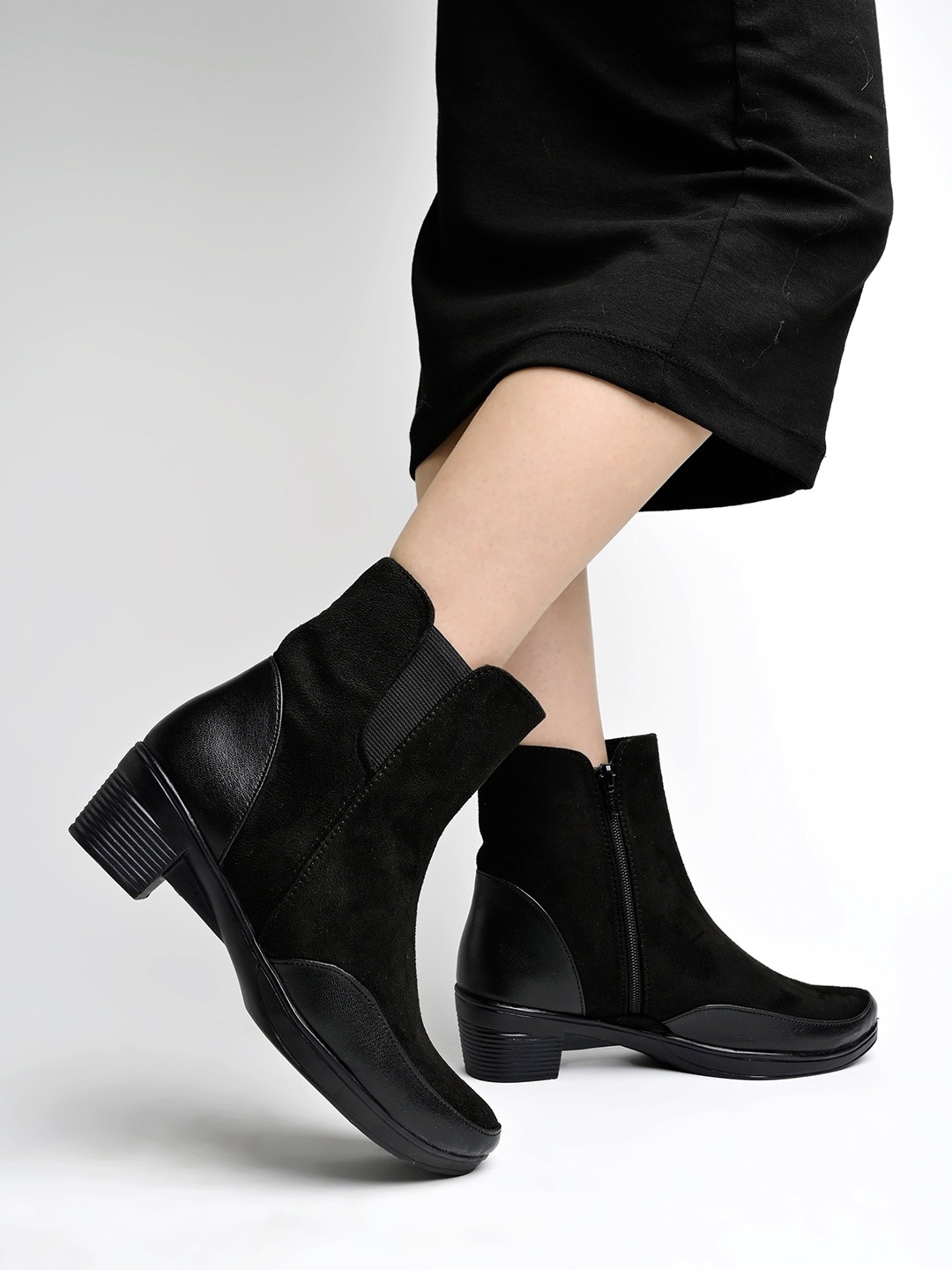 

Shoetopia Women Block Heeled Mid-Top Chunky Boots, Black