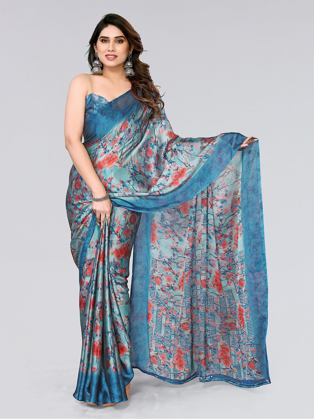 

KALINI Floral Printed Saree, Turquoise blue