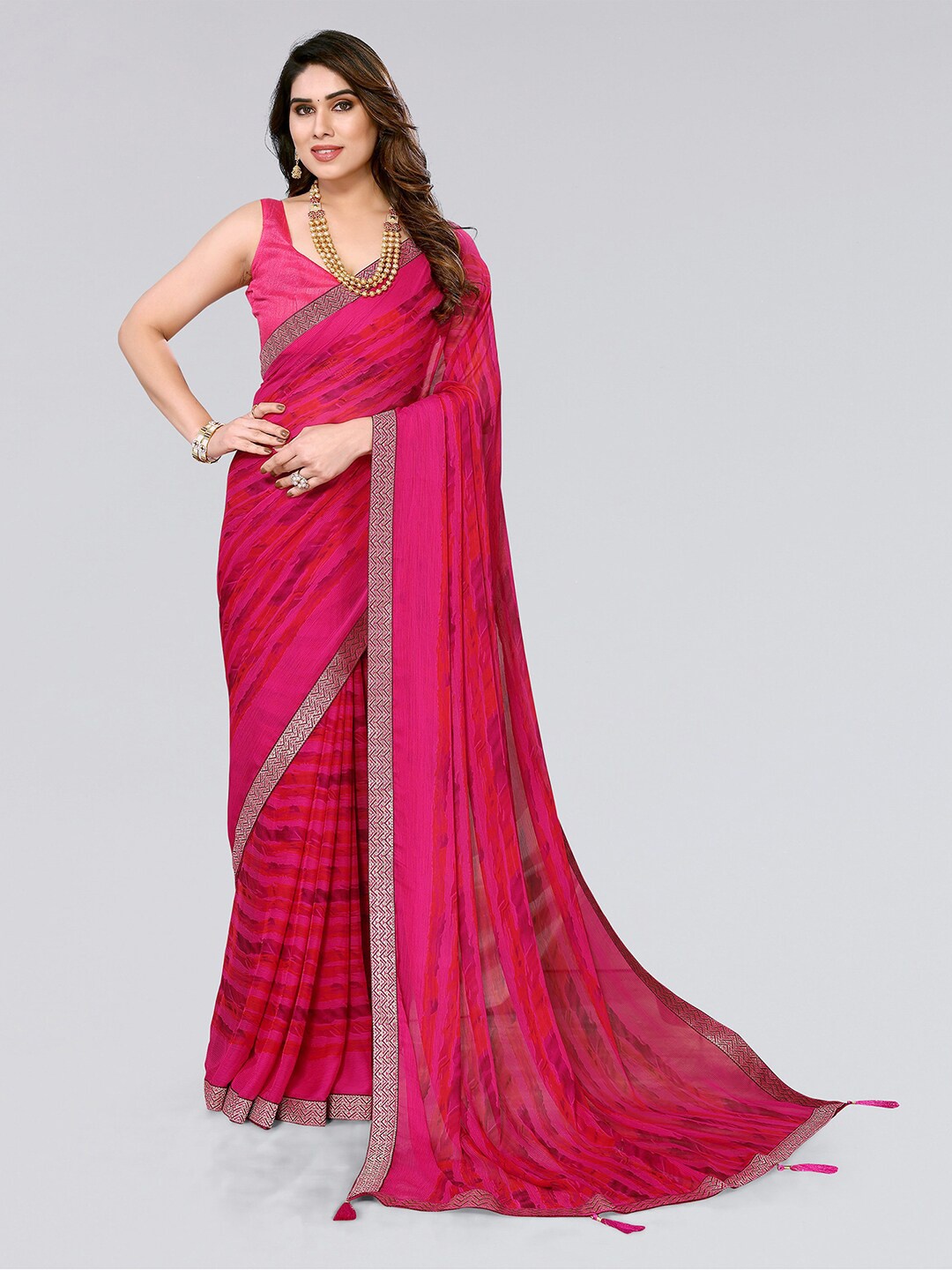 

KALINI Striped Zari Lace Saree, Pink