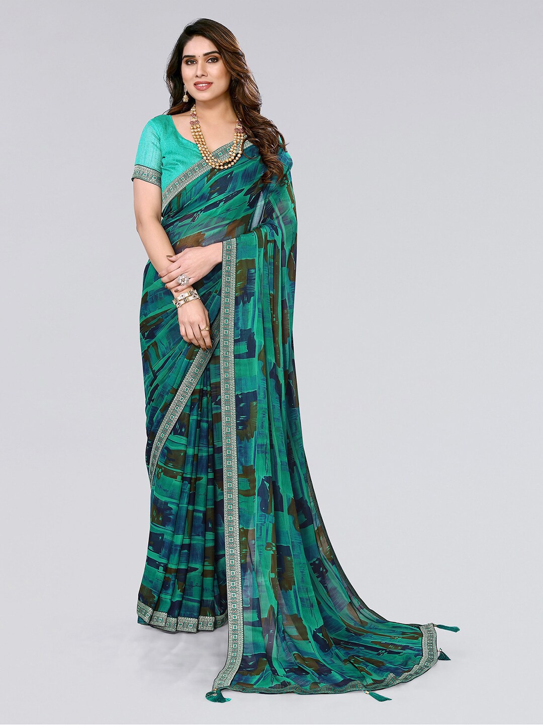 

KALINI Abstract Printed Zari Saree, Teal