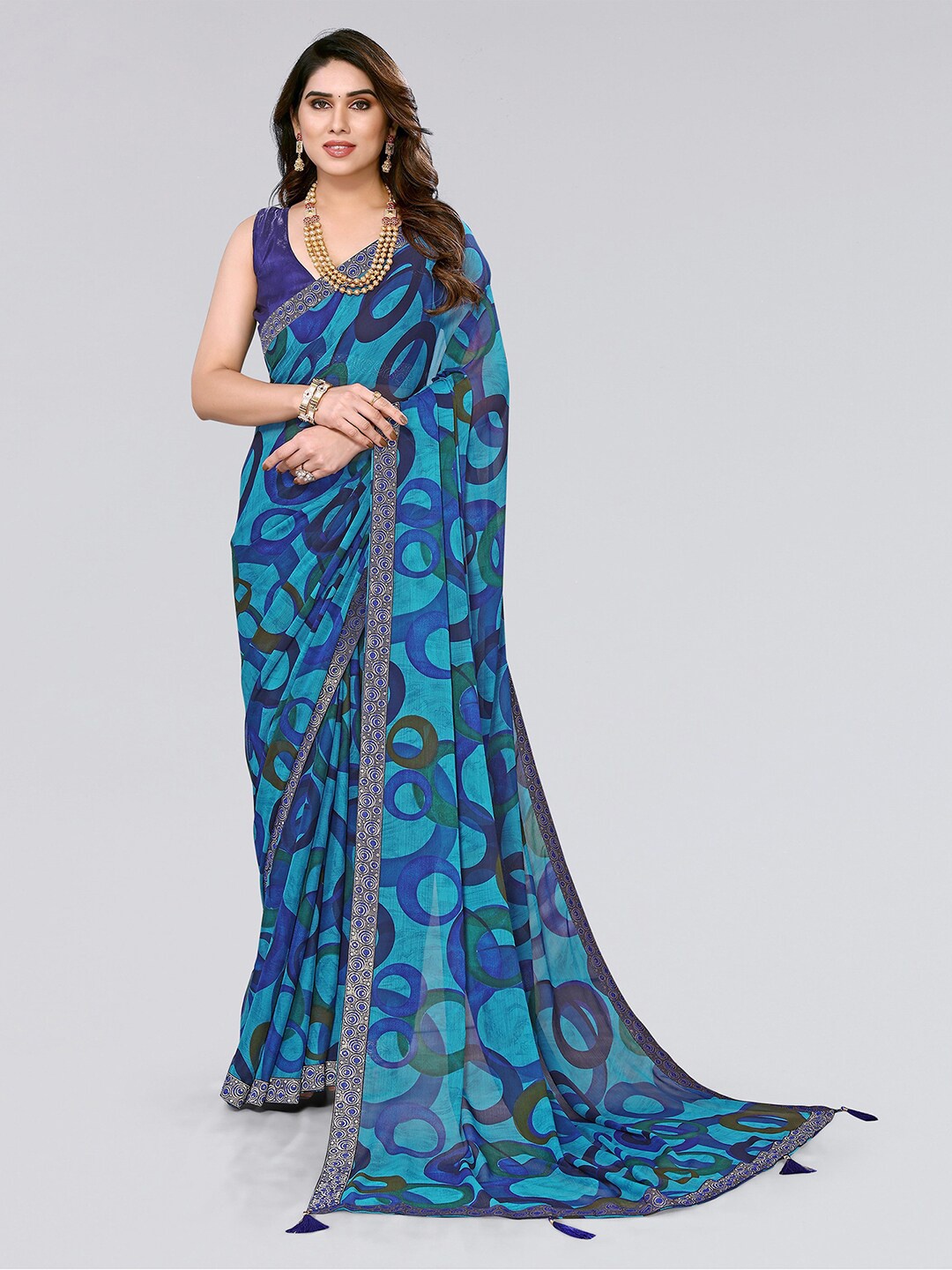 

KALINI Geometric Printed Tasseled Saree, Blue