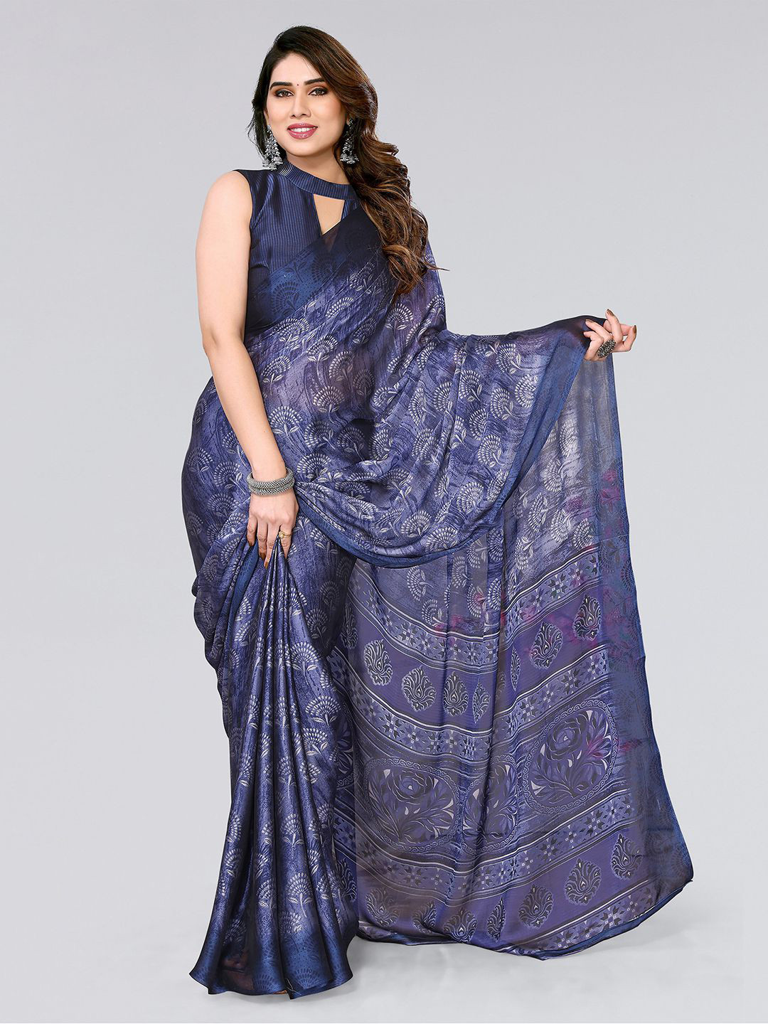 

KALINI Ethnic Motif Printed Saree, Navy blue