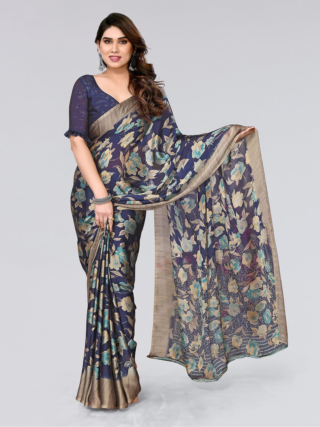 

KALINI Floral Printed Saree, Navy blue