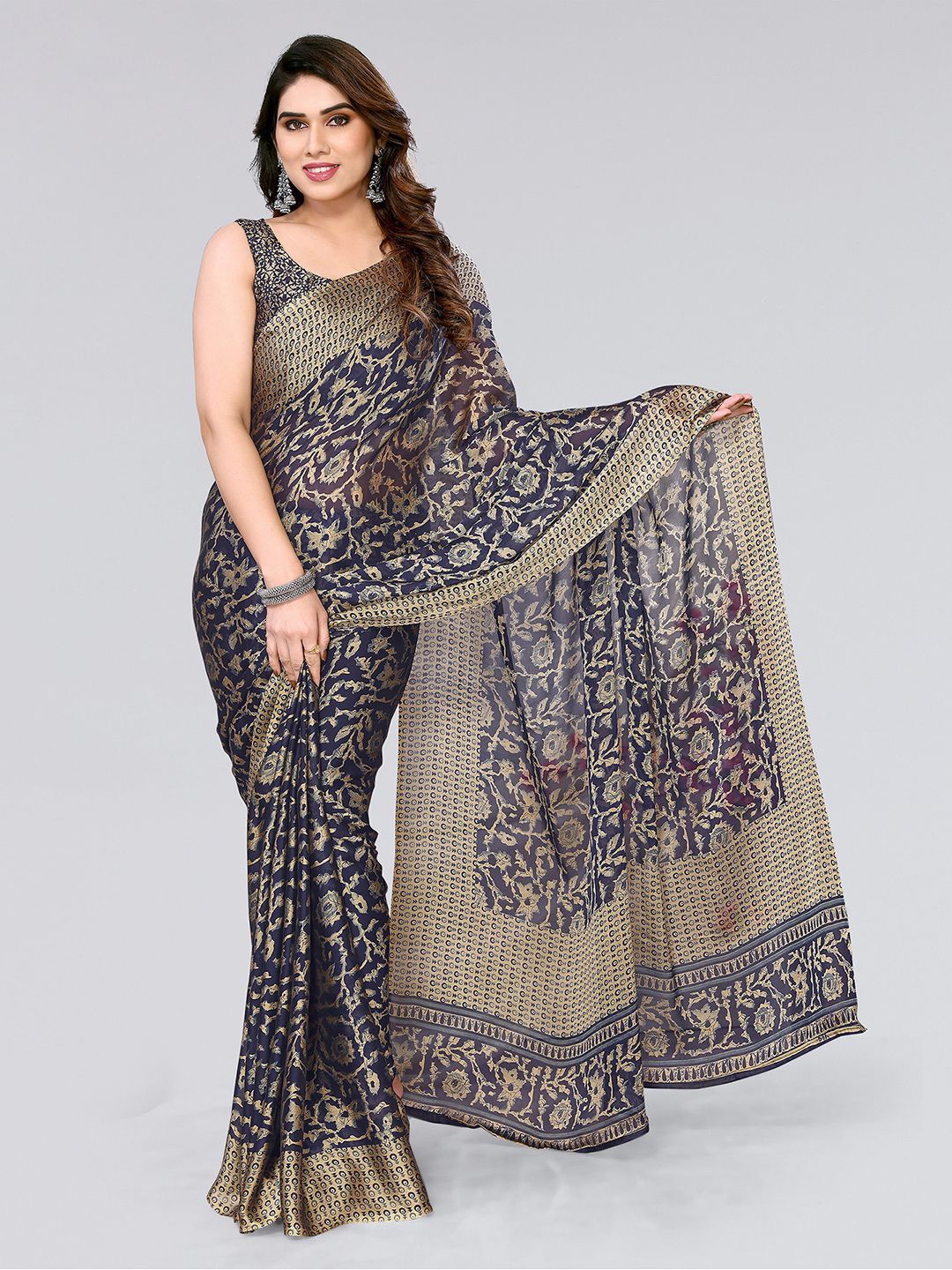 

KALINI Floral Printed Saree, Navy blue