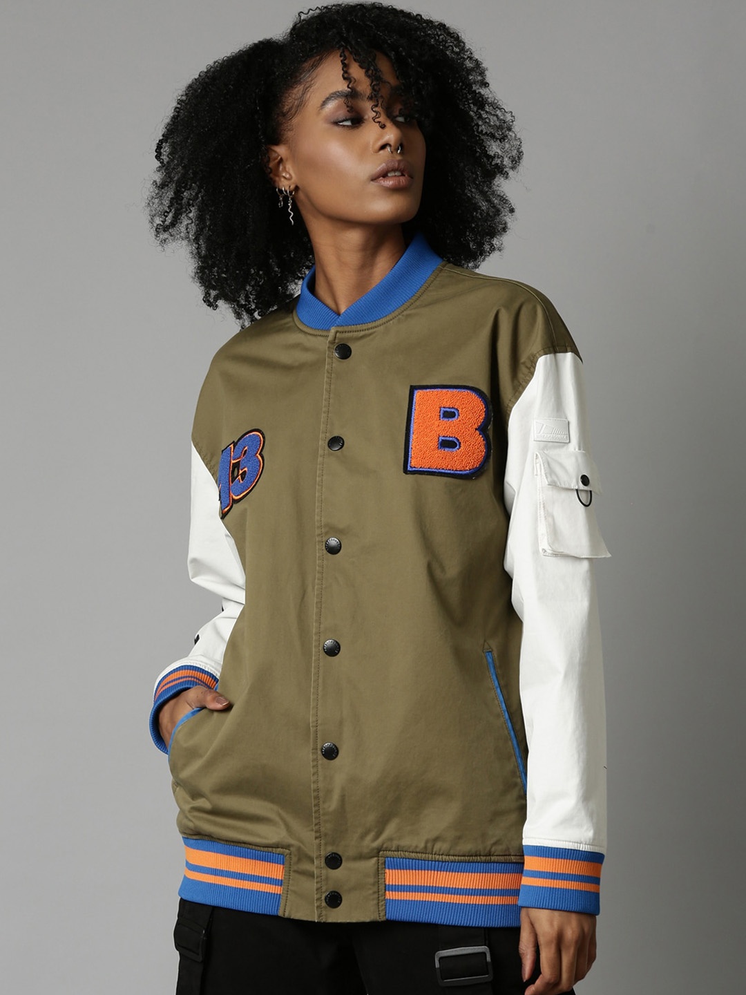 

Breakbounce Graphic Printed Mandarin Collar Water Resistant Cotton Varsity Jacket, Olive