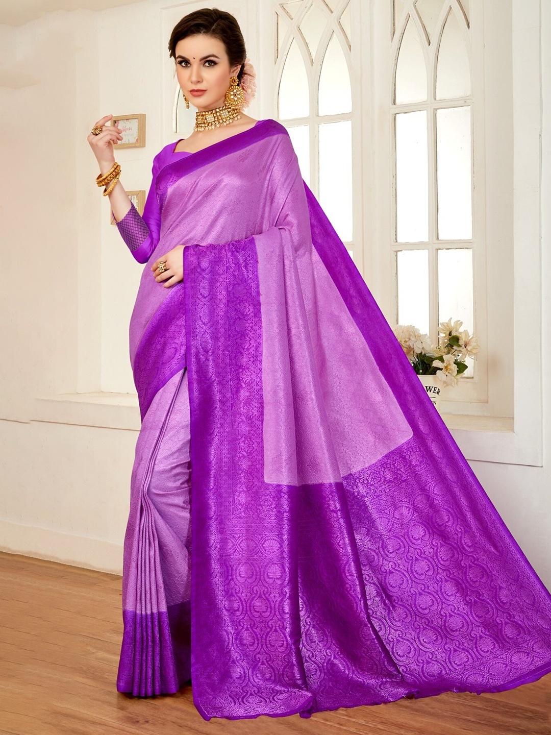 

HASRI Ethnic Motifs Woven Design Zari Pure Silk Kanjeevaram Saree, Purple