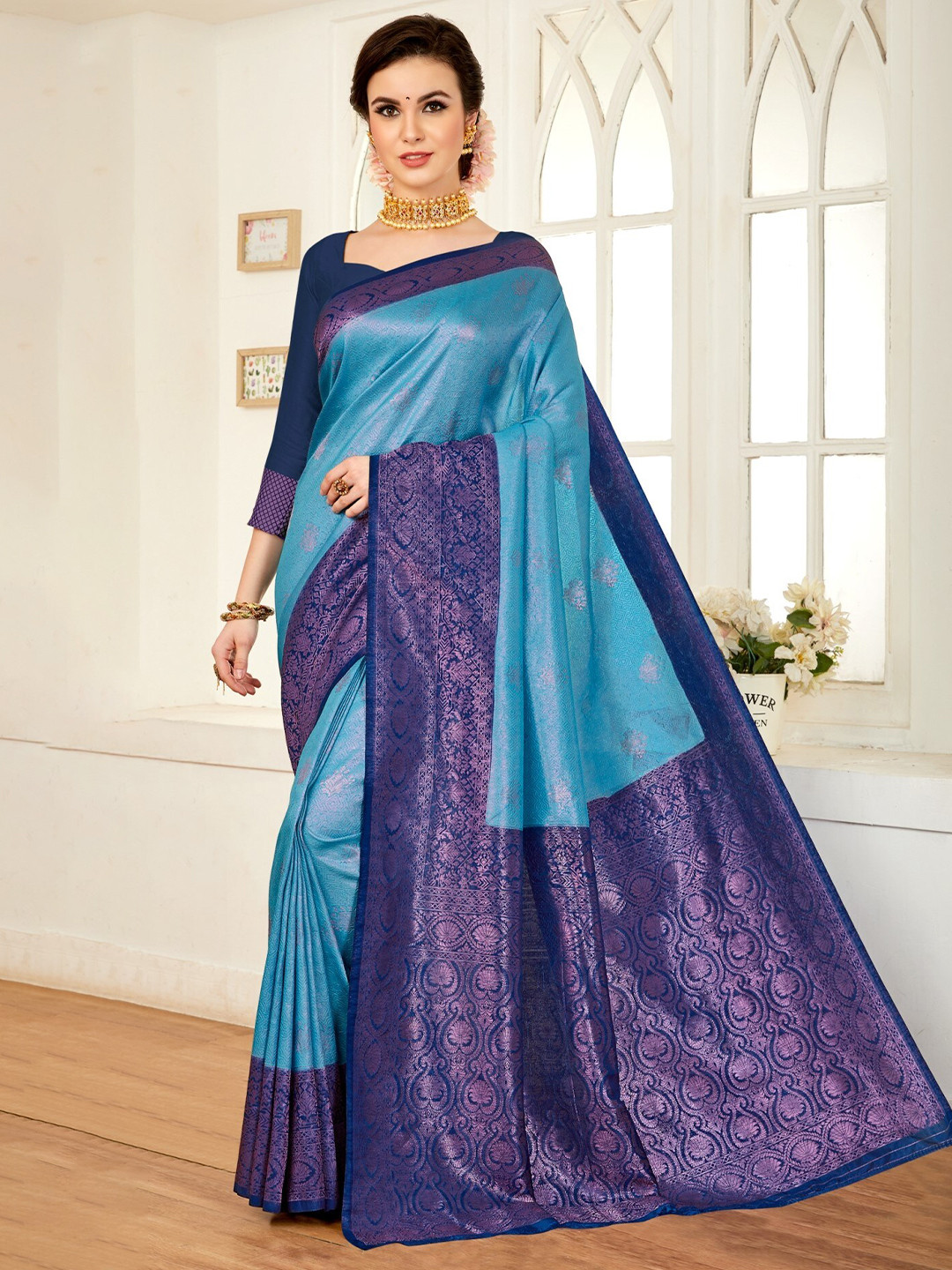 

HASRI Woven Design Zari Pure Silk Kanjeevaram Saree, Blue
