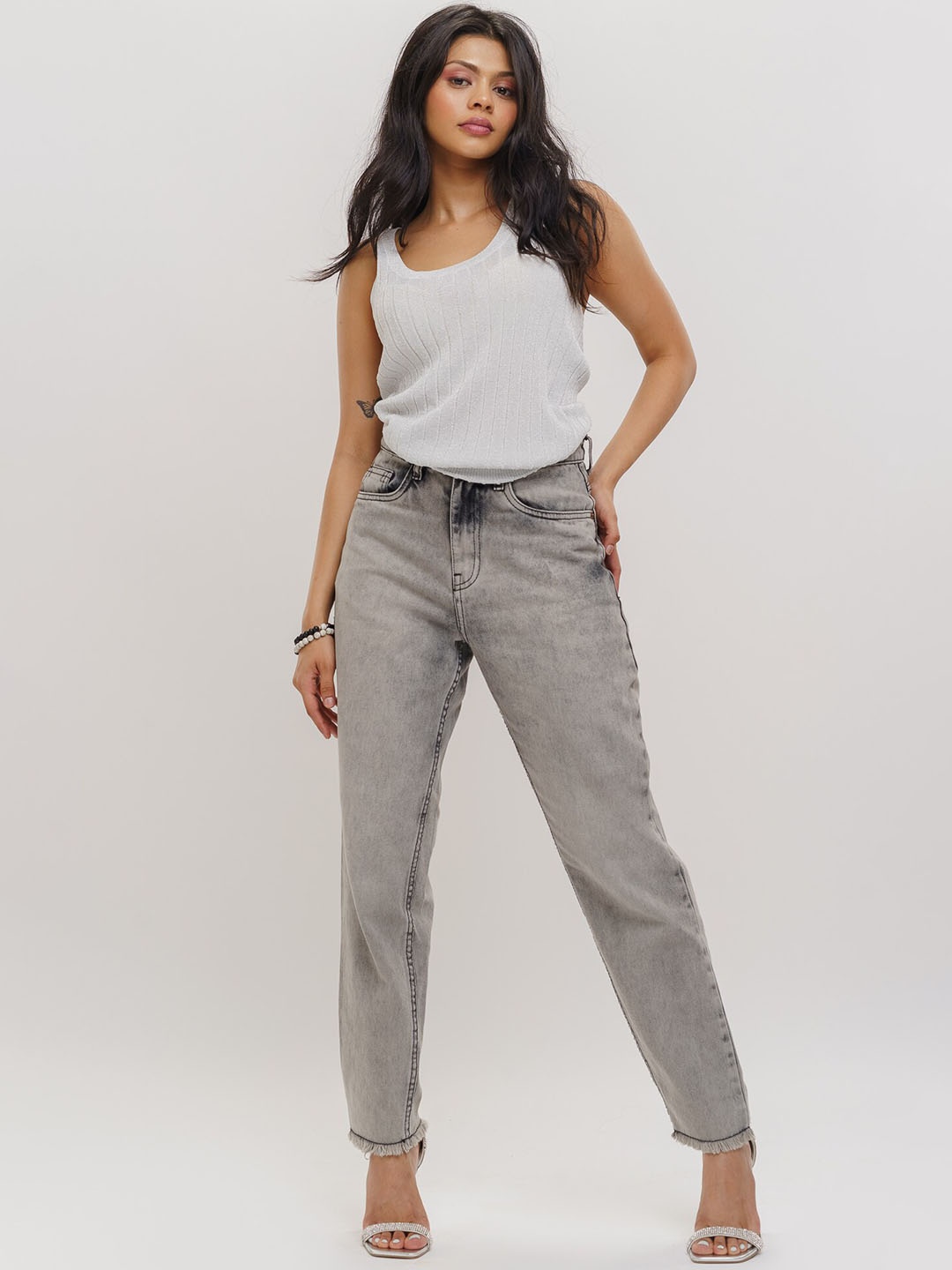 

FREAKINS Women Mom Fit High-Rise Heavy Fade Jeans, Grey