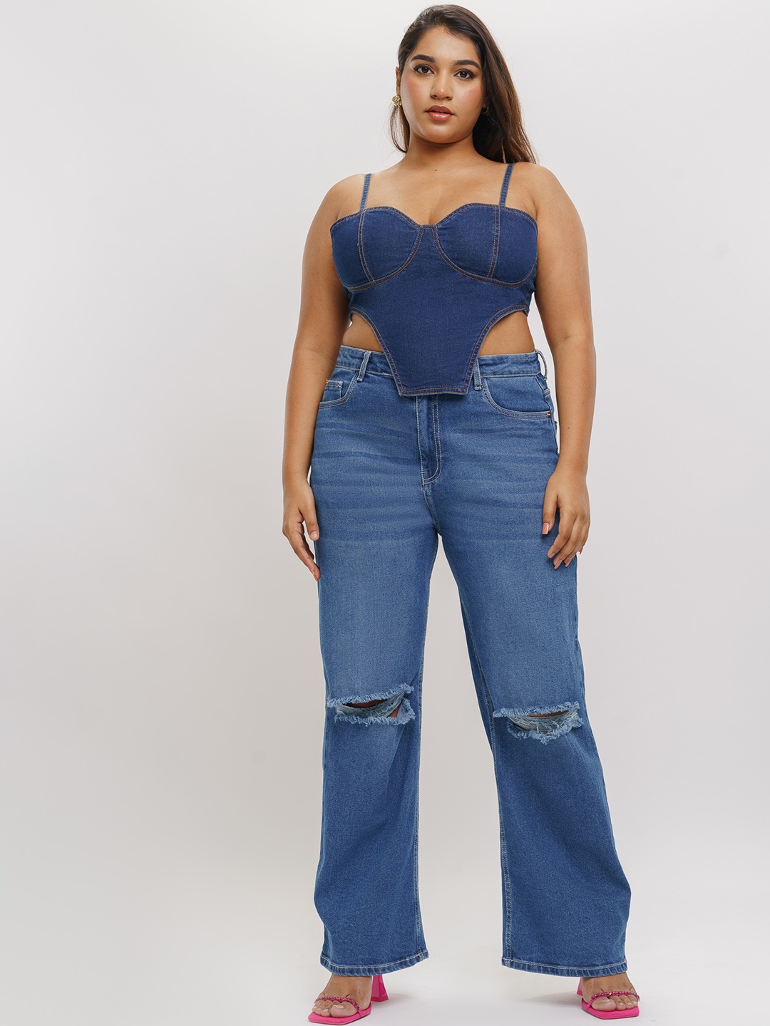 

FREAKINS Women Plus Size Wide Leg High-Rise Light Fade Slash Knee Stretchable Jeans, Blue