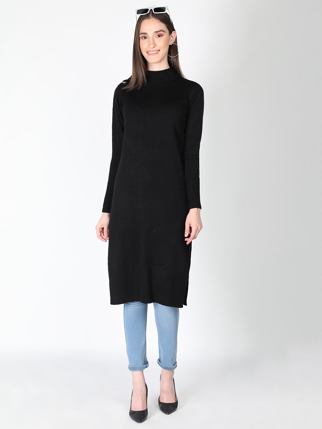 

Dlanxa Round Neck Woollen Straight Kurta, Black