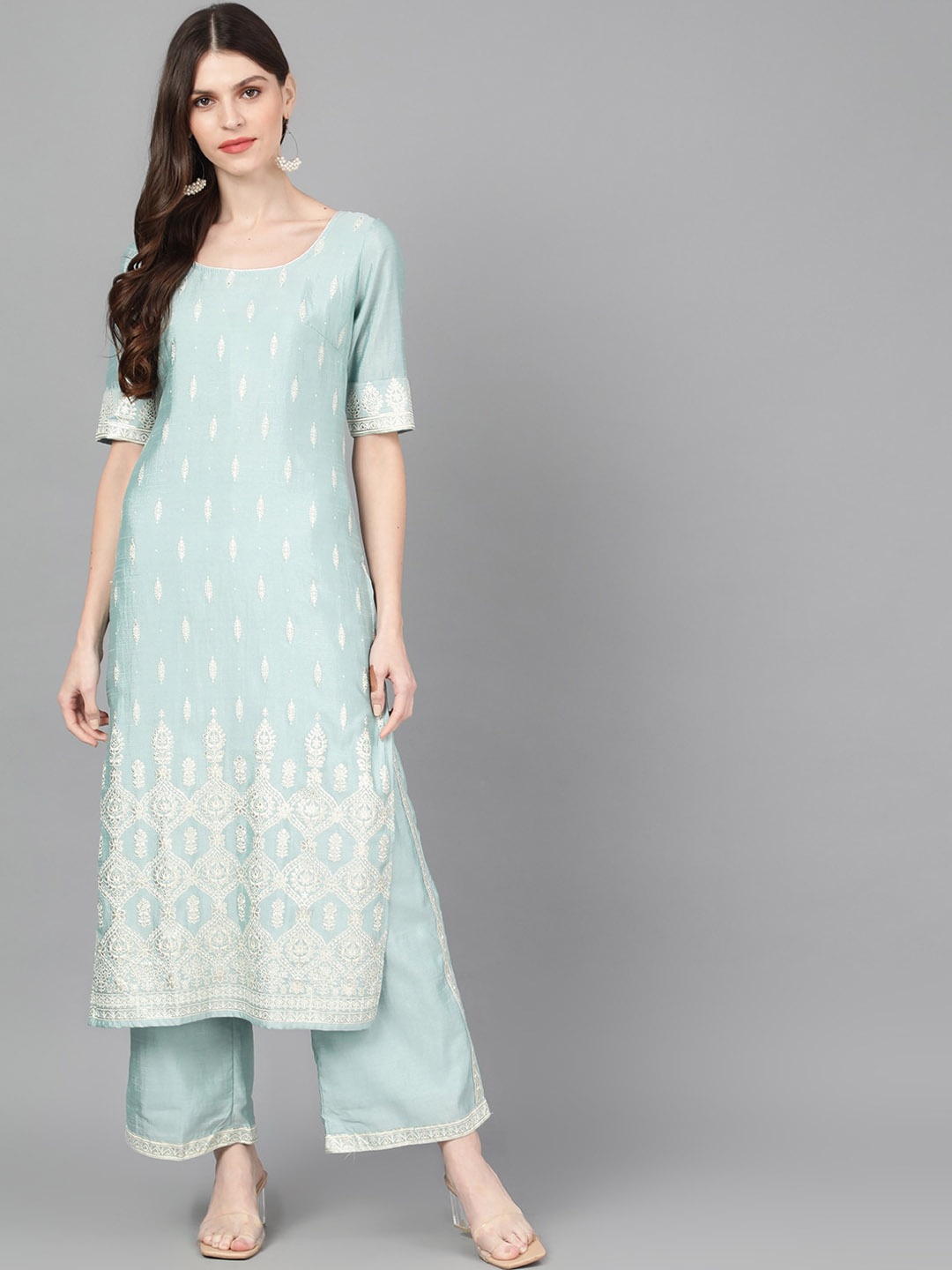 

AKS Ethnic Motifs Embroidered Regular Chanderi Silk Kurta With Palazzo, Blue