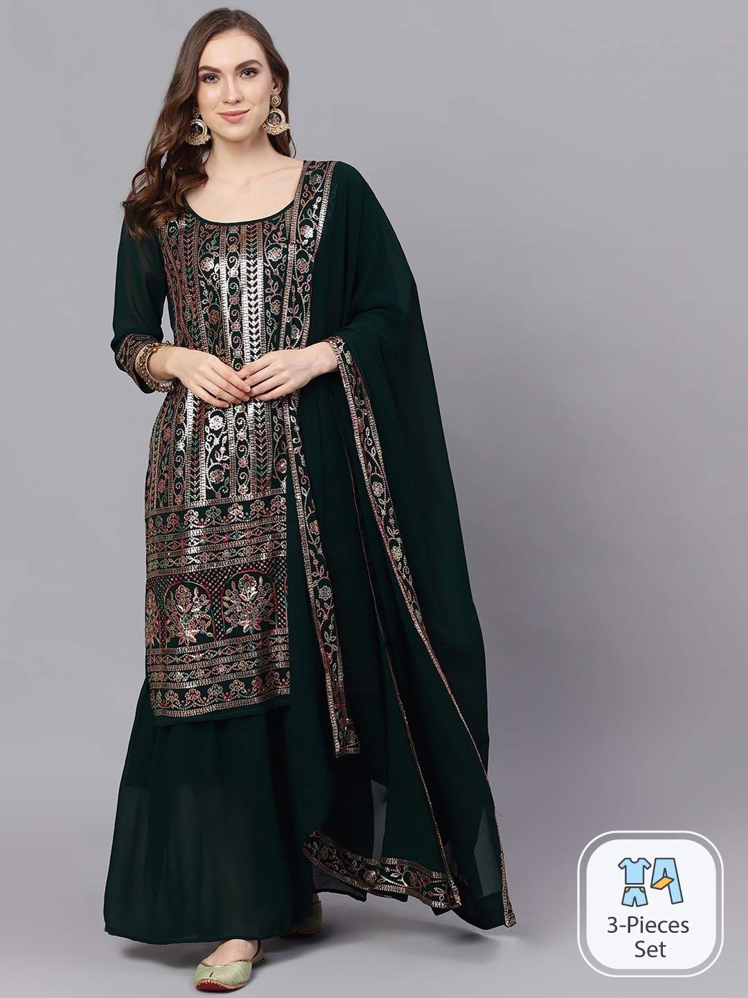 

AKS Ethnic Motifs Embroidered Regular Sequinned Kurta With Sharara & Dupatta, Green