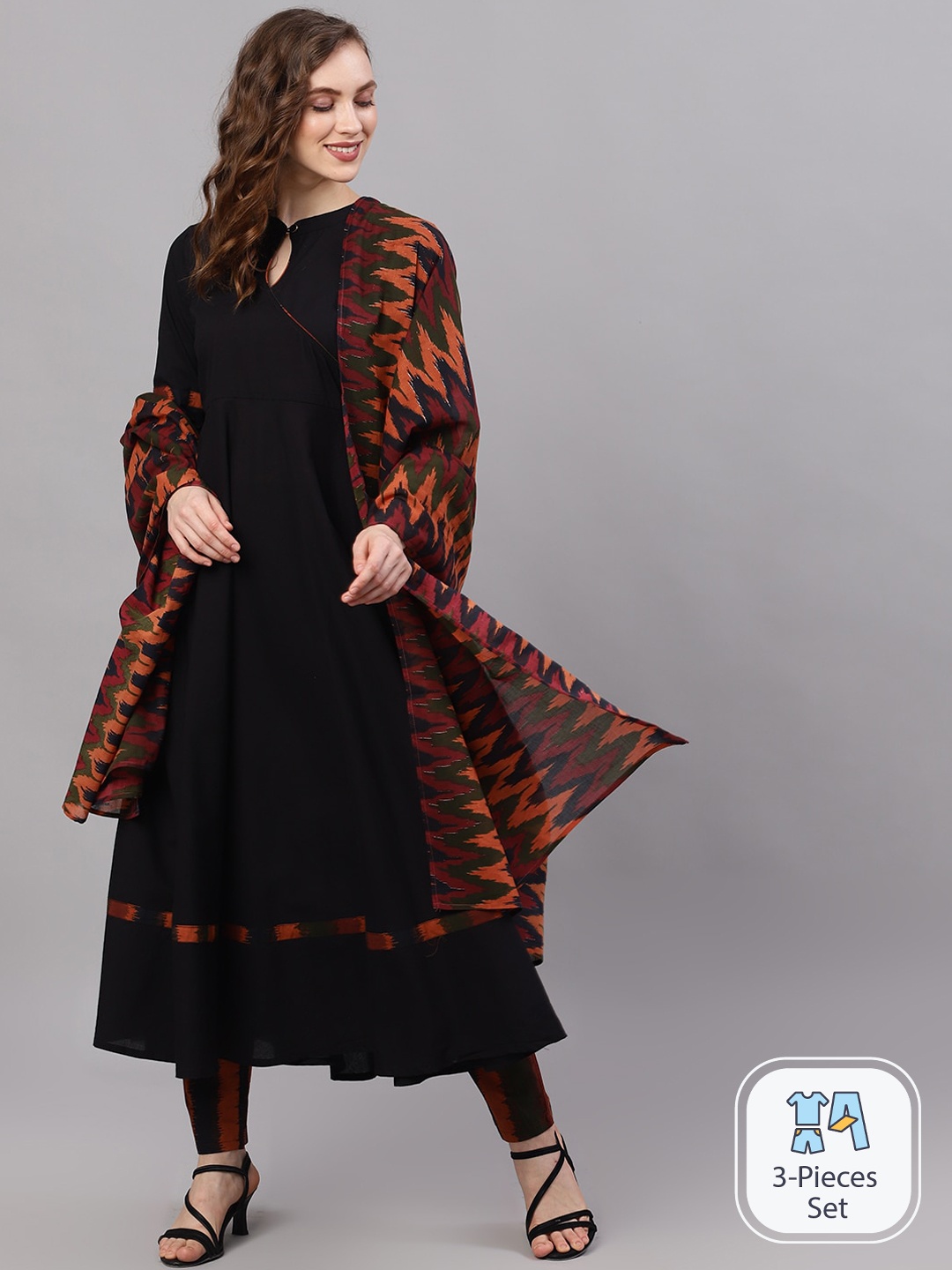 

AKS Ikat Printed Pure Cotton Anarkali Kurta With Trousers & Dupatta, Black