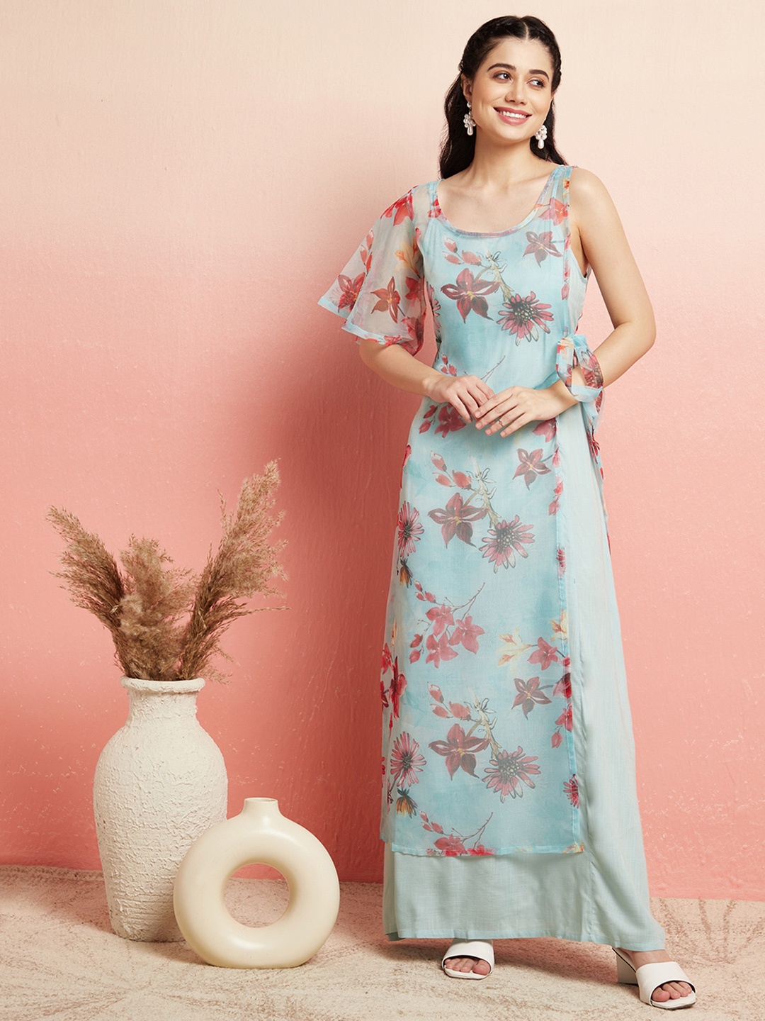 

AKS Shoulder Strap Neck Floral Printed Maxi Dress, Blue