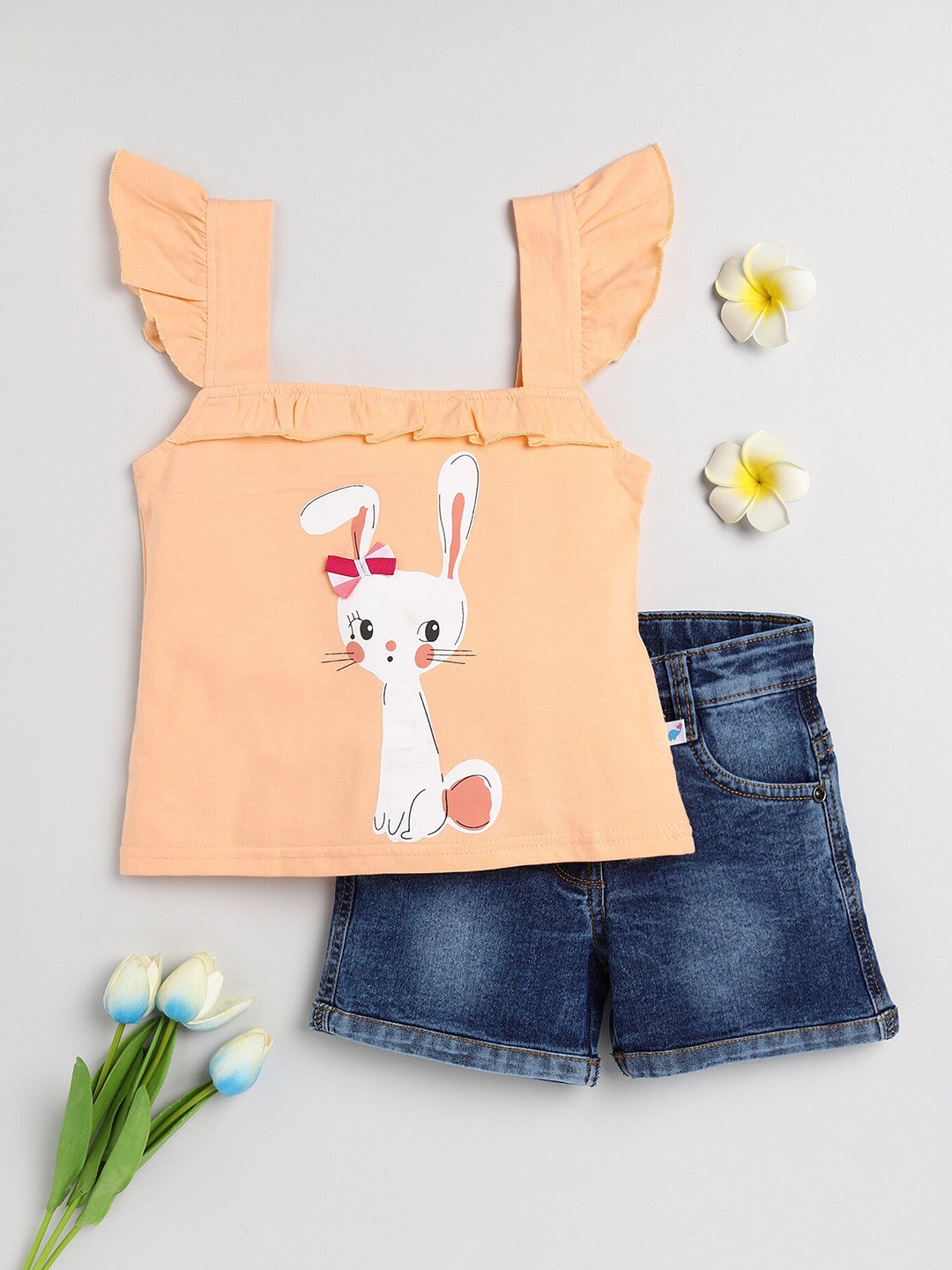 

Toonyport Girls Graphic Printed Cotton Top With Shorts, Peach