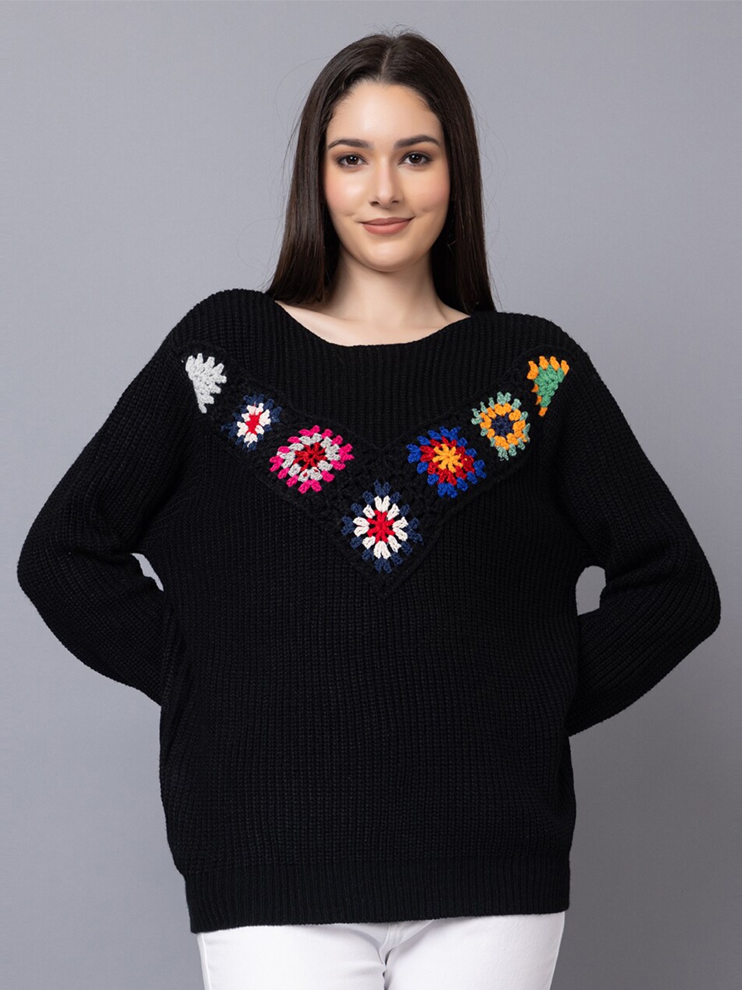 

Dlanxa Self Design Woollen Crochet Top, Black