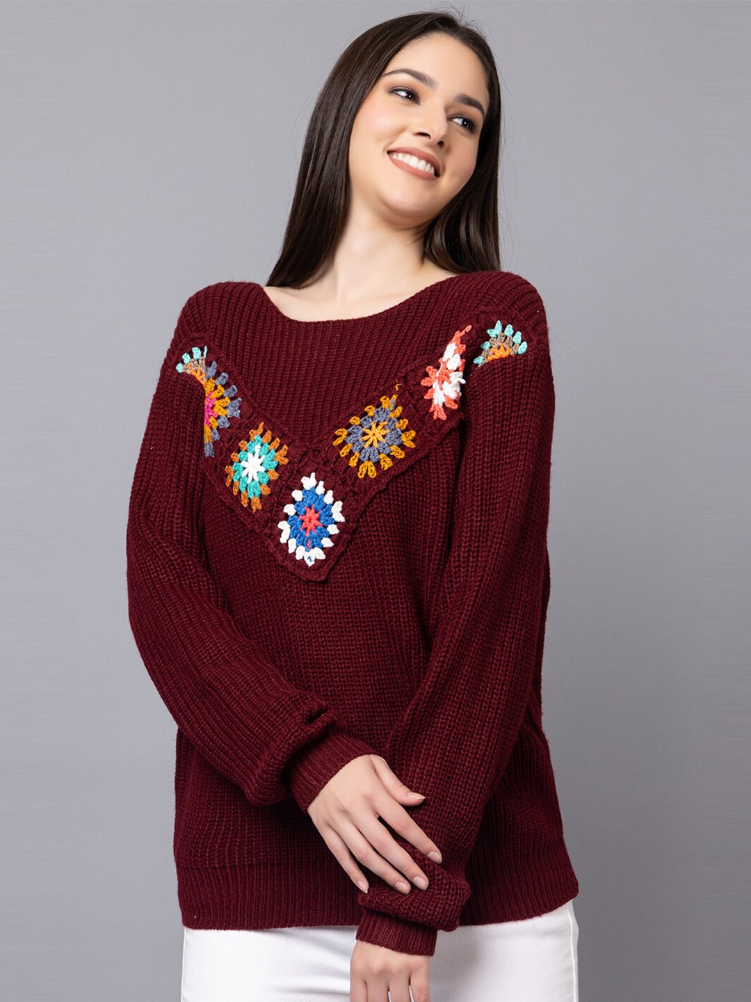 

Dlanxa Self Design Woollen Crochet Top, Maroon