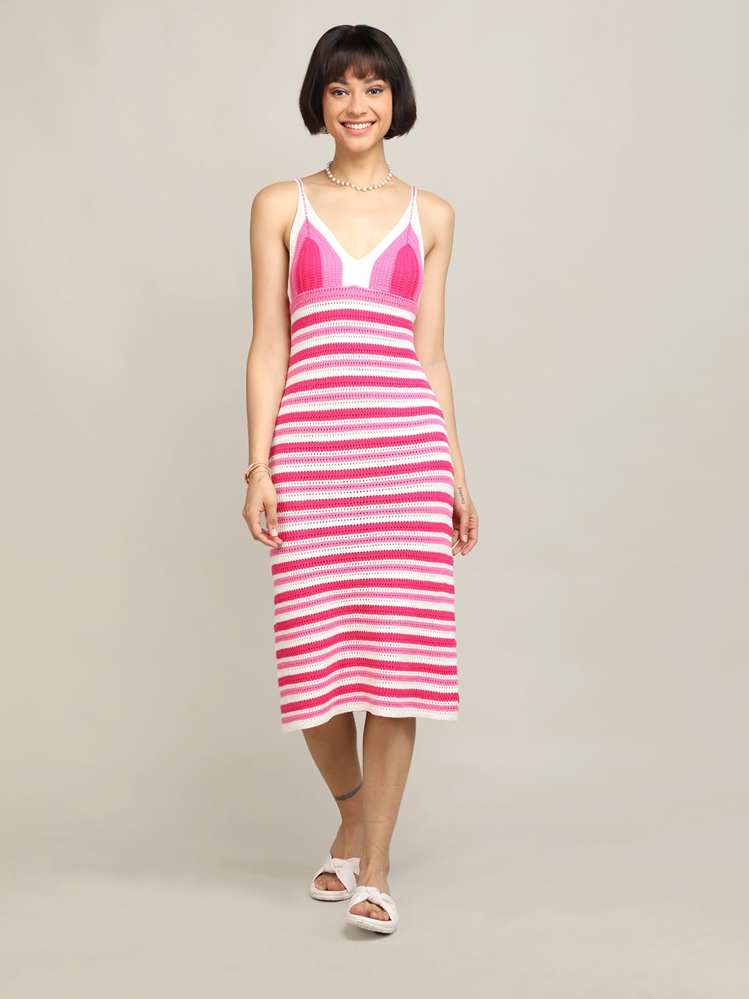 

Dlanxa Self Design Shoulder Straps Woollen Crochet Sheath Dress, Pink