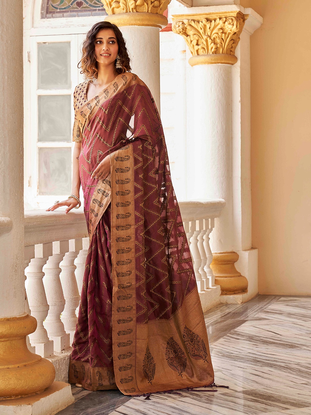 

Tikhi Imli Burgundy Ethnic Motifs Woven Design Ready to Wear Saree