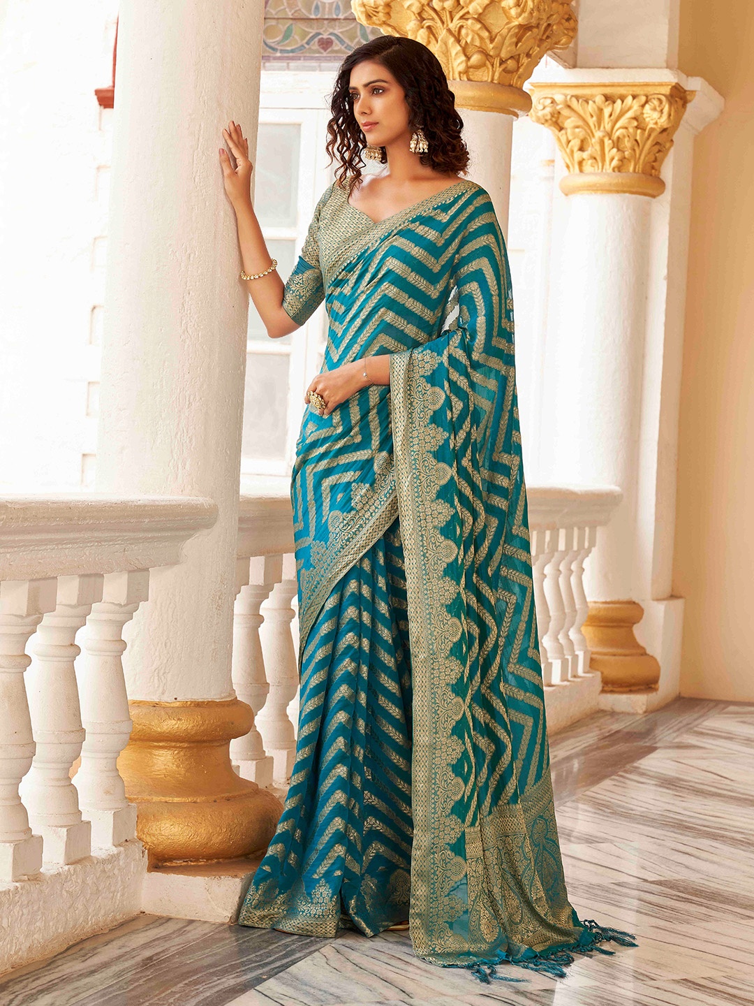 

Tikhi Imli Floral Woven Design Zari Ready to Wear Saree, Blue