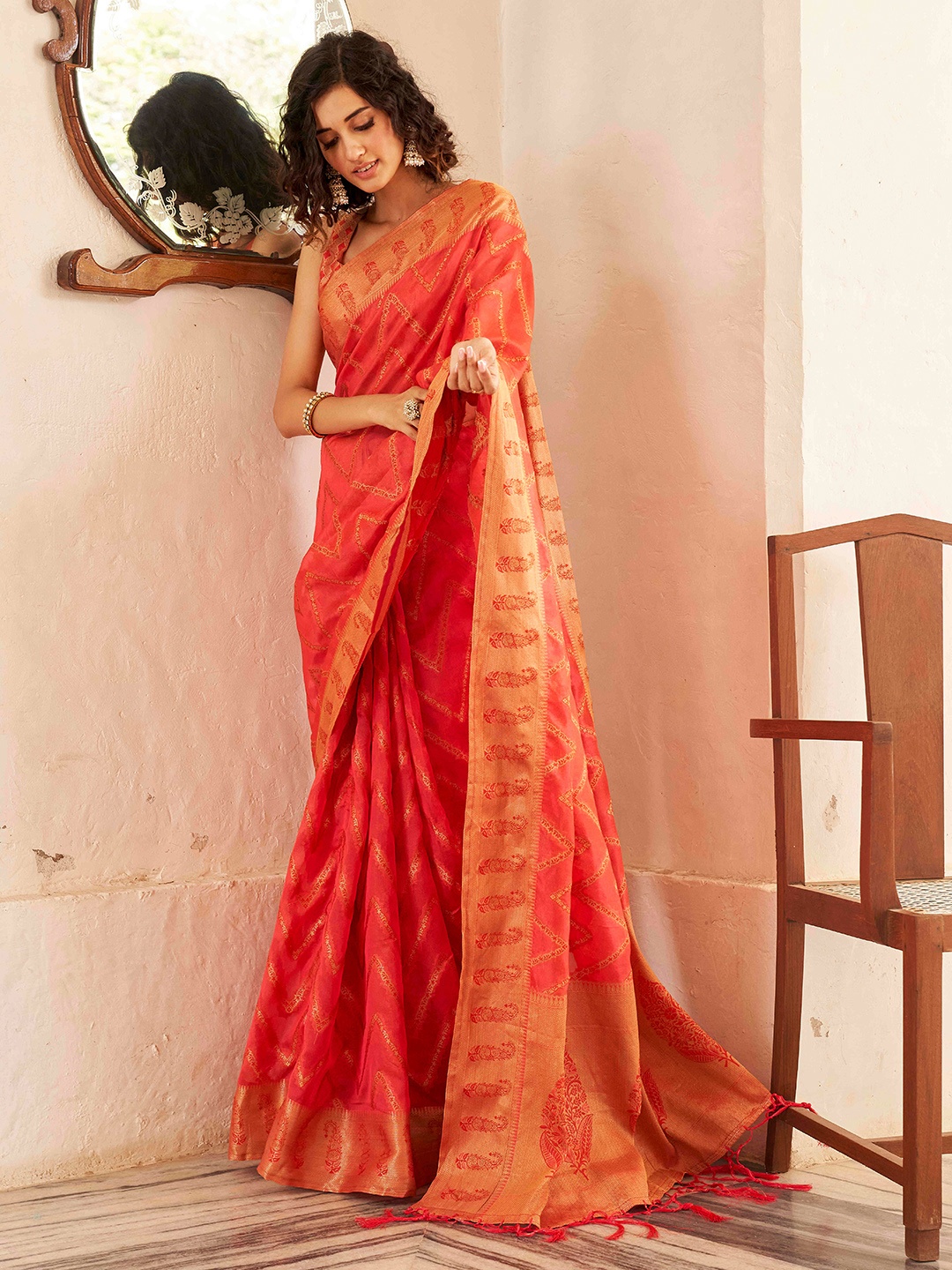 

Tikhi Imli Ethnic Motifs Woven Design Zari Ready to Wear Saree, Peach