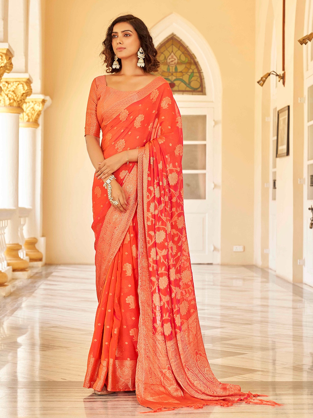 

Tikhi Imli Ethnic Motifs Woven Design Zari Ready to Wear Saree, Peach