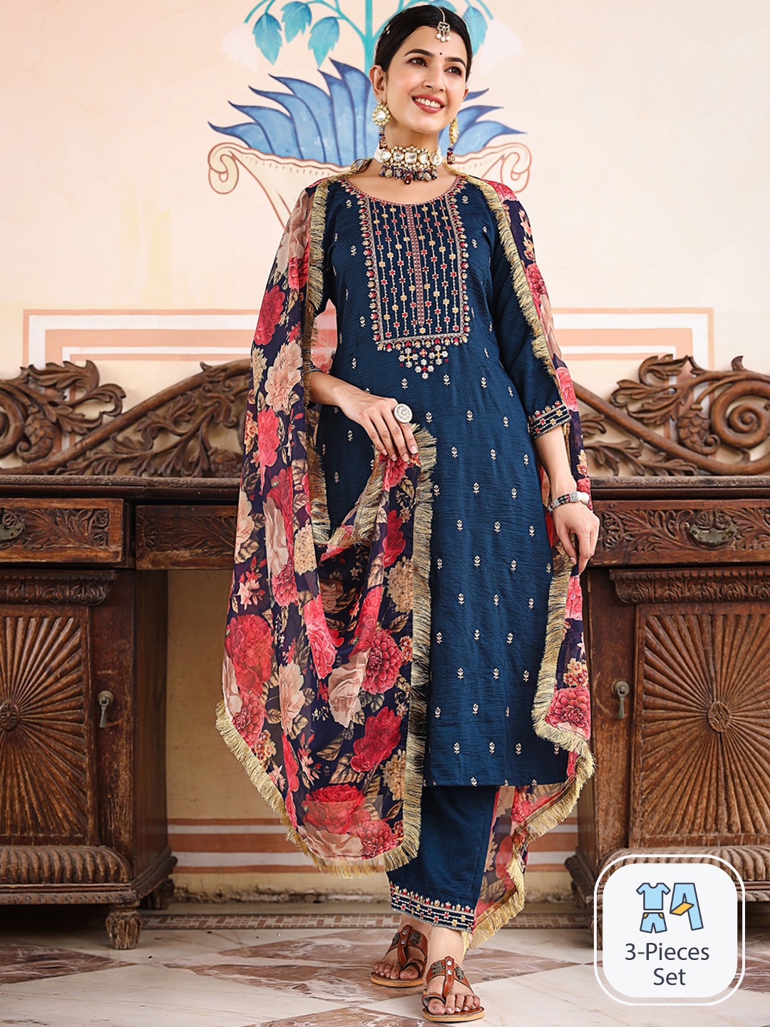 

AMIRAS INDIAN ETHNIC WEAR Floral Sequinned Embroidered Kurta With Trousers & Dupatta, Blue