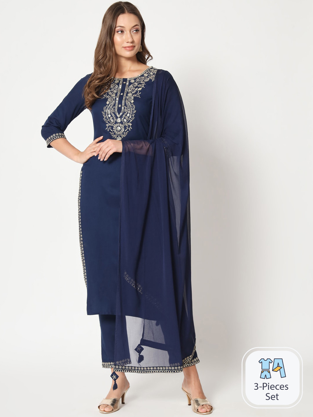 

AMIRAS INDIAN ETHNIC WEAR Sequinned Embroidered Regular Kurta With Trousers & Dupatta, Navy blue