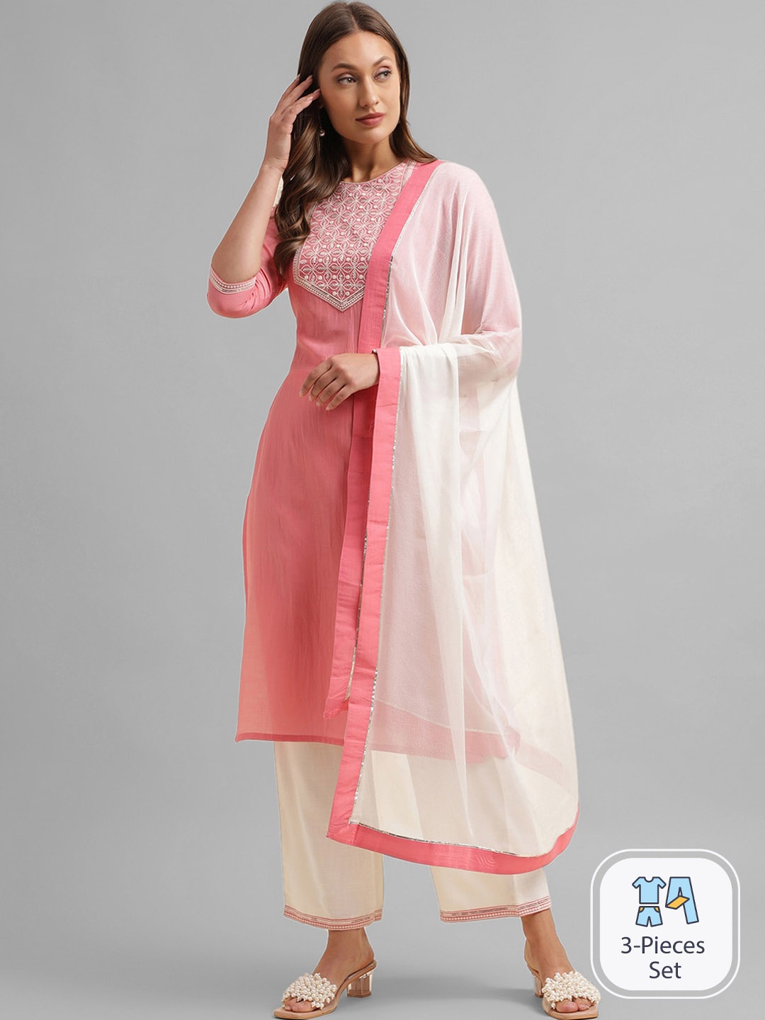 

KALINI Ethnic Motifs Yoke Design Thread Work Kurta With Trousers & Dupatta, Peach