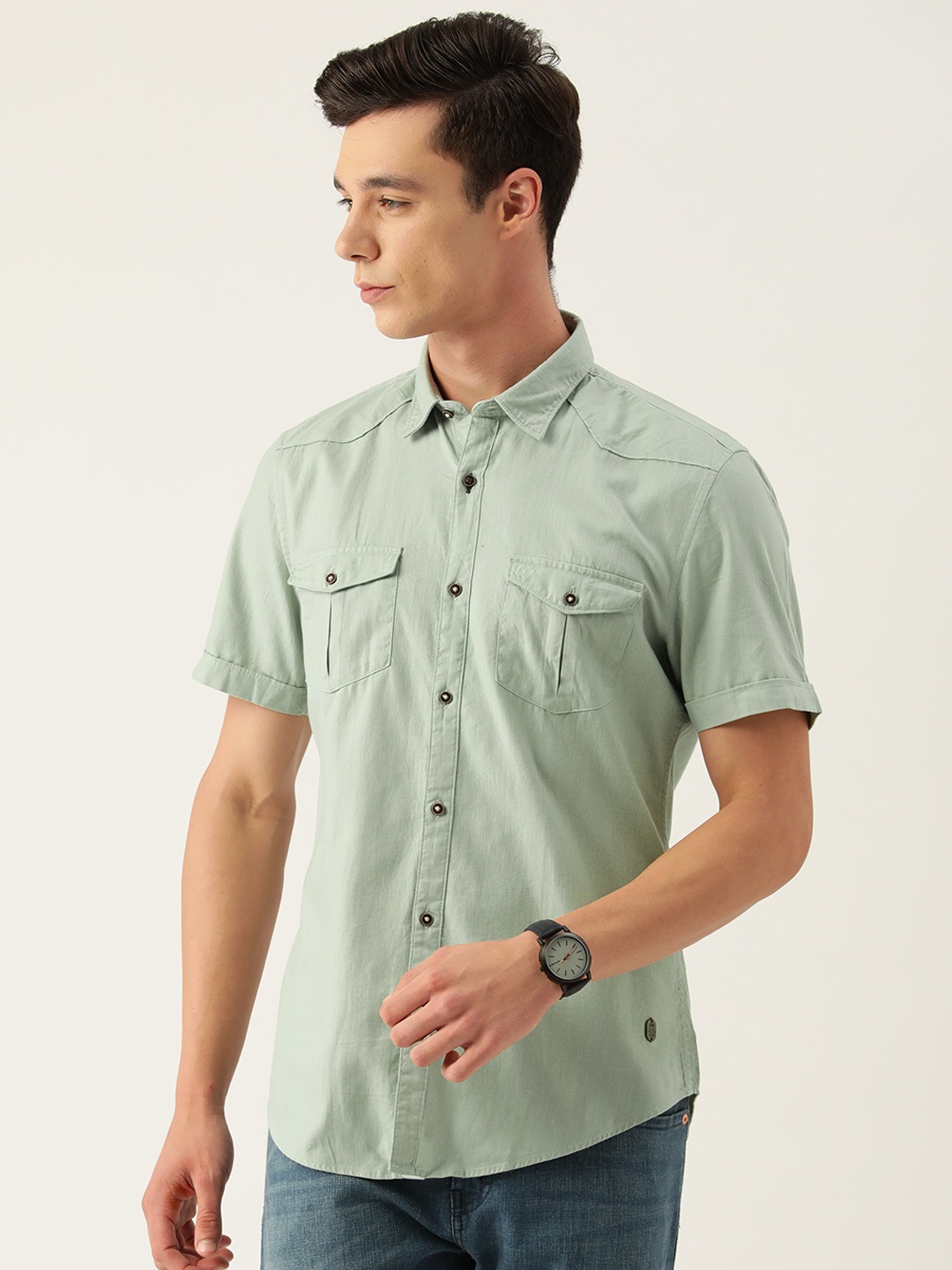 

Peter England Casuals Men Pure Cotton Slim Fit Casual Shirt, Green
