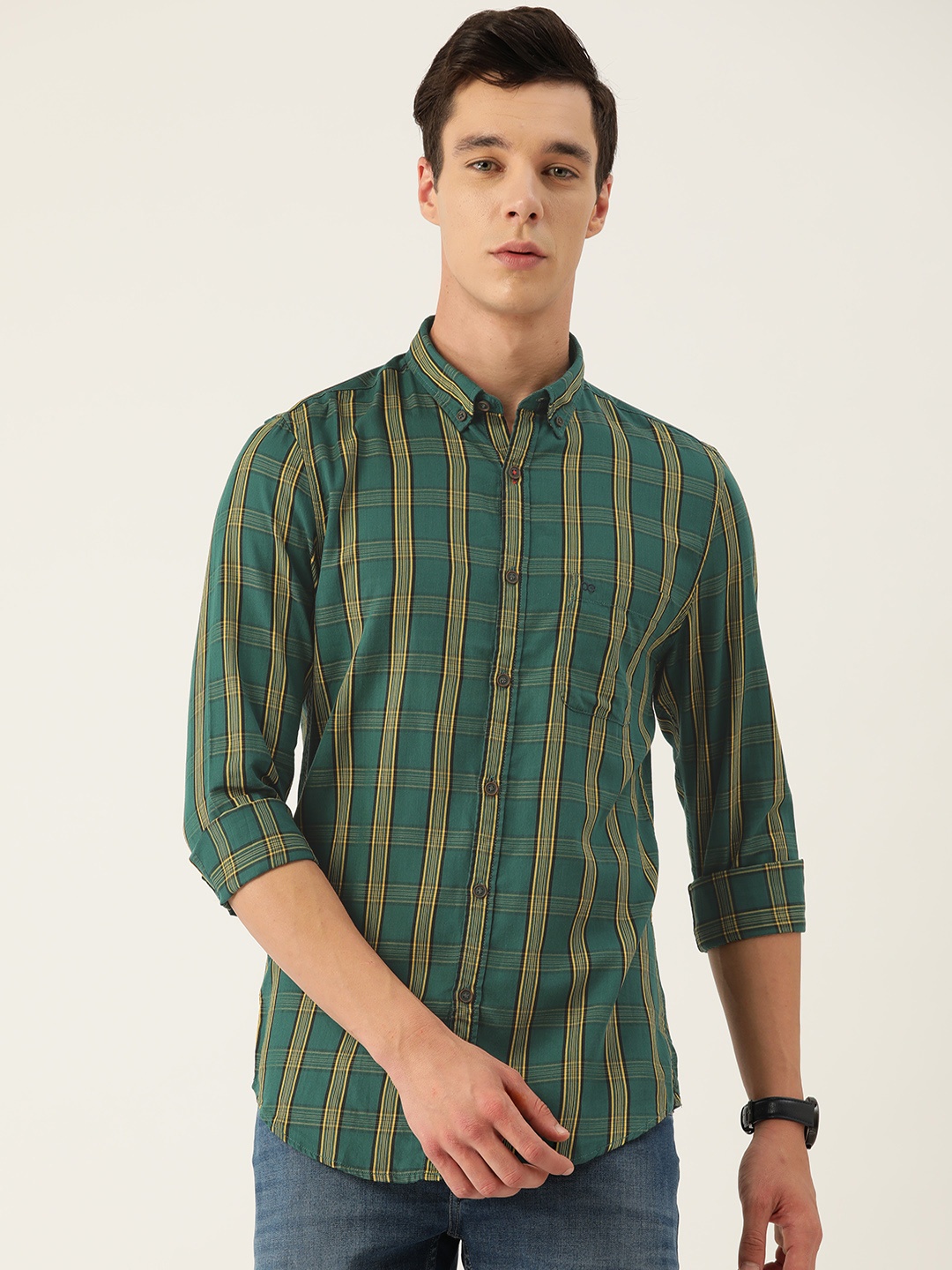 

Peter England Casuals Men Checked Casual Shirt, Green