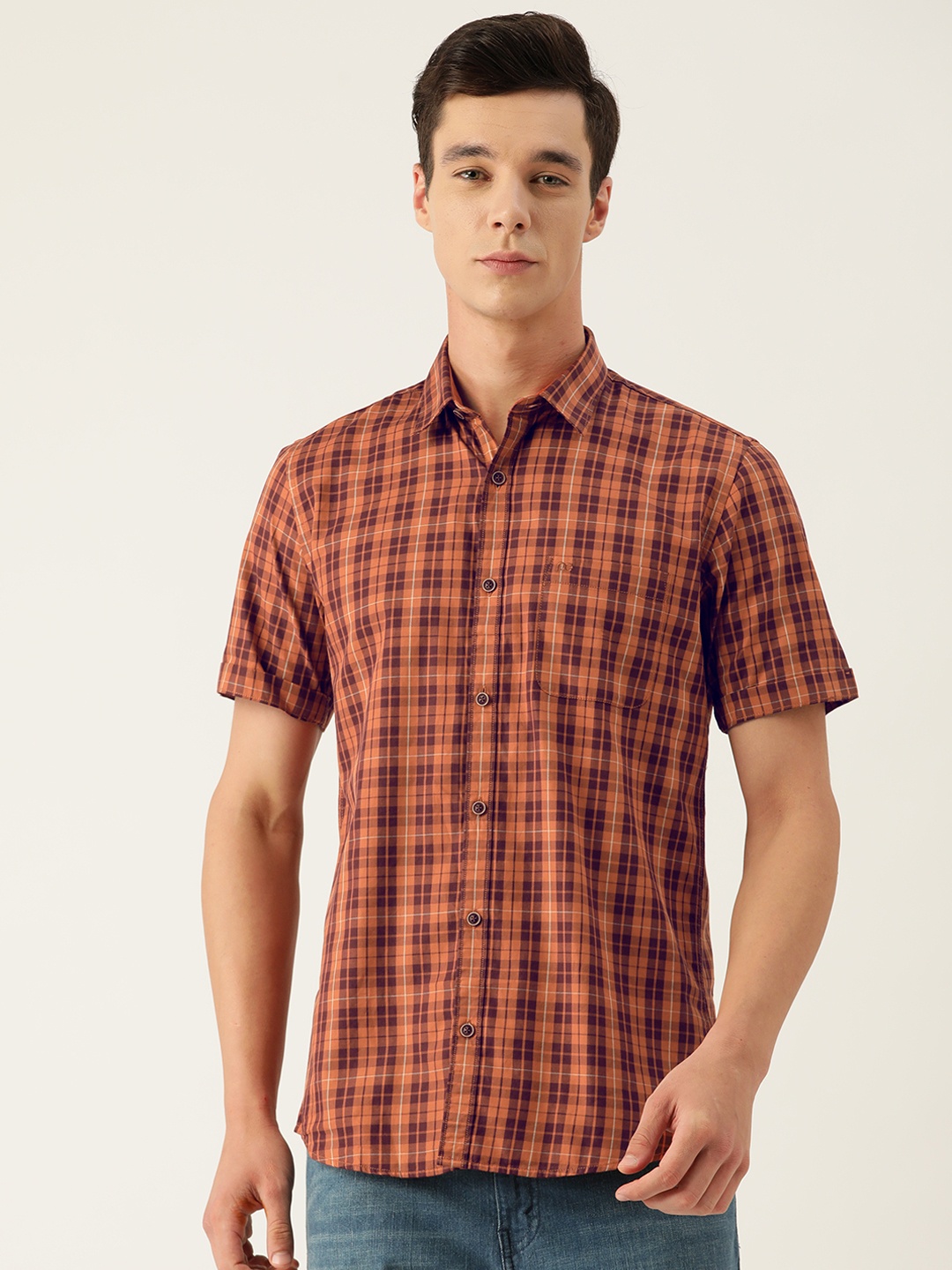 

Peter England Casuals Pure Cotton Slim Fit Checked Casual Shirt, Maroon