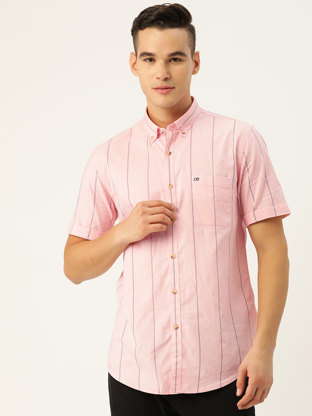 

Peter England Casuals Men Striped Slim Fit Pure Cotton Casual Shirt, Pink