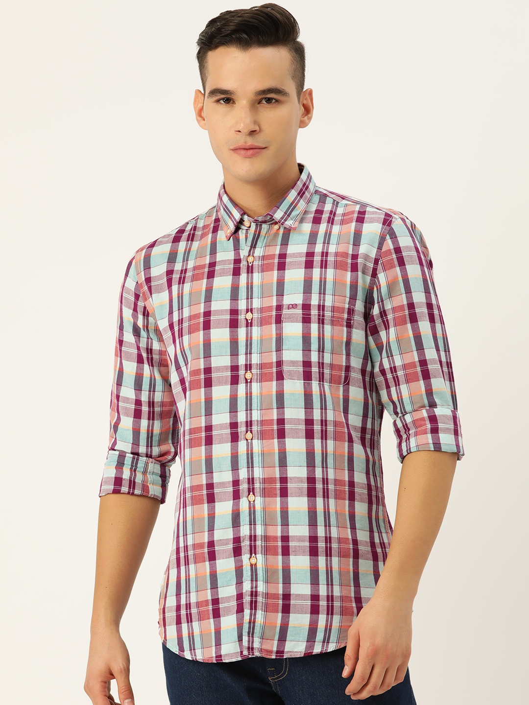 

Peter England Casuals Men Slim Fit Tartan Checked Cotton Linen Casual Shirt, Purple