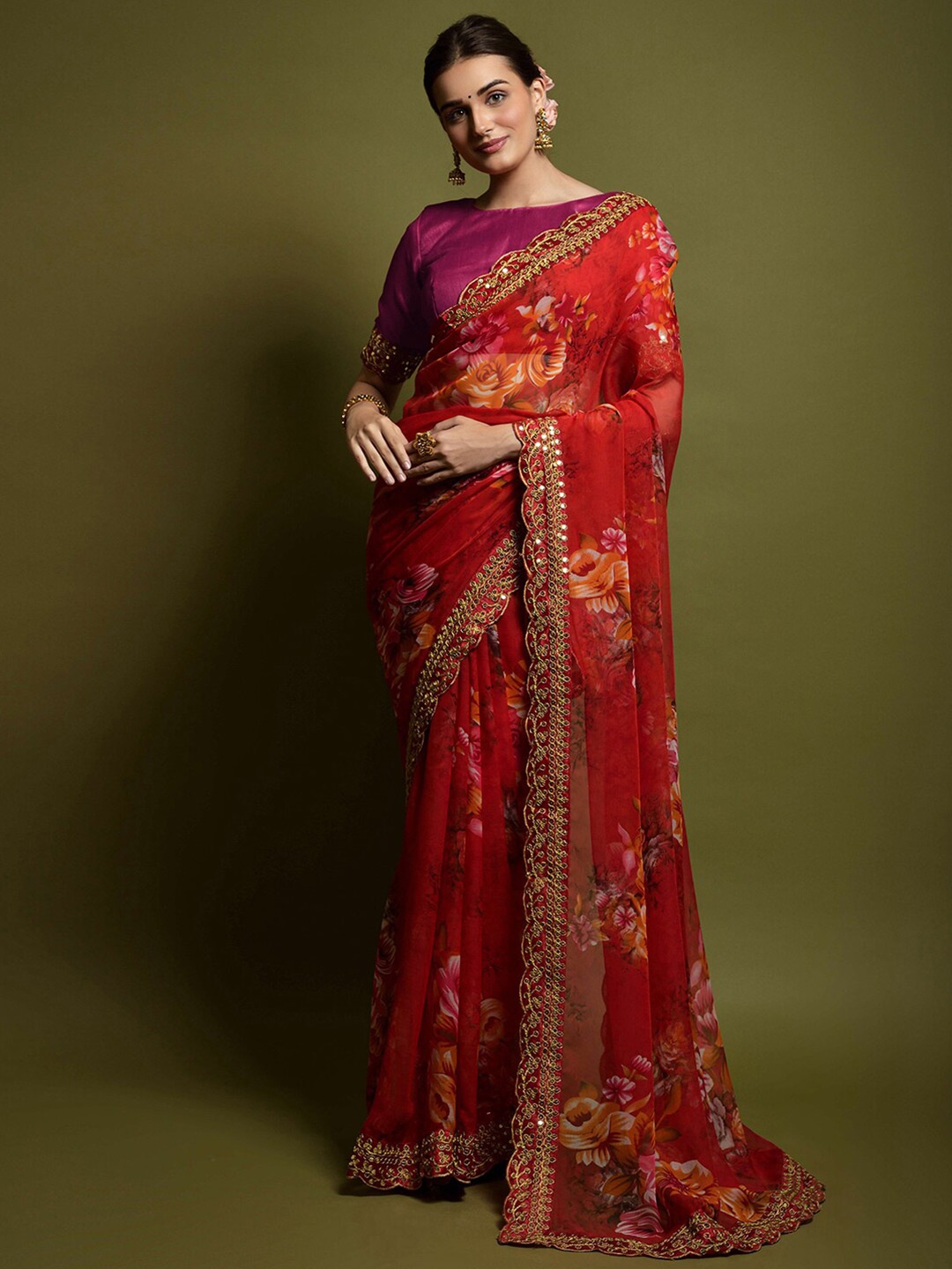 

Satrani Red & Peach-Coloured Floral Printed Mirror Work Saree