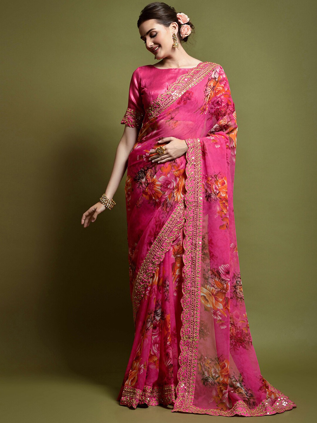 

Satrani Pink & Gold-Toned Floral Printed Mirror Work Saree
