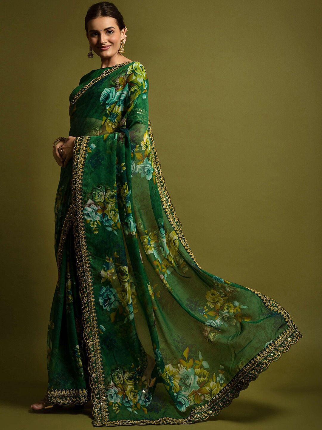 

Satrani Green & Blue Floral Printed Mirror Work Saree
