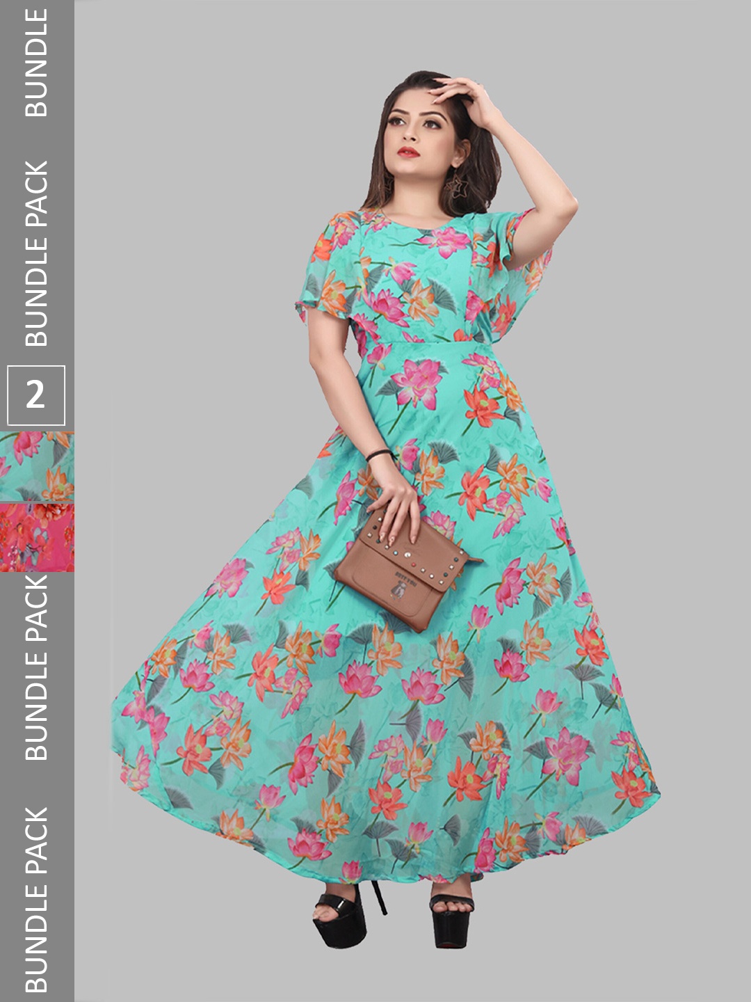 

N N ENTERPRISE Pack Of 2 Floral Printed Fit & Flare Maxi Dresses, Pink