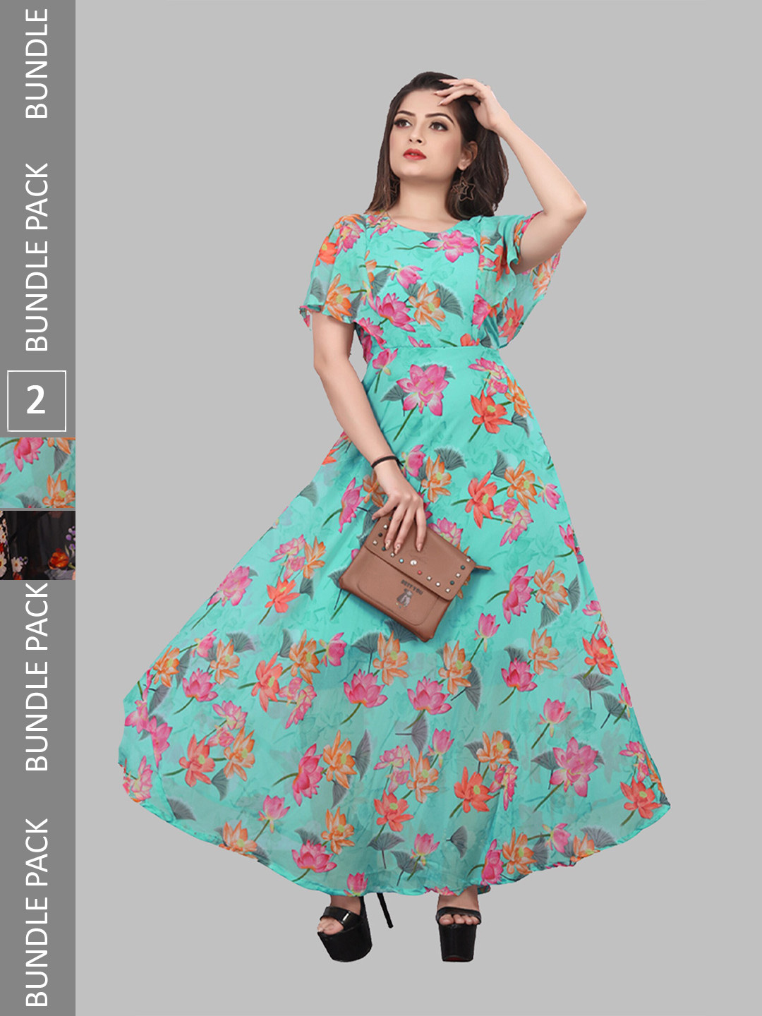 

N N ENTERPRISE Pack Of 2 Floral Printed Crepe Fit & Flare Maxi Dresses, Black