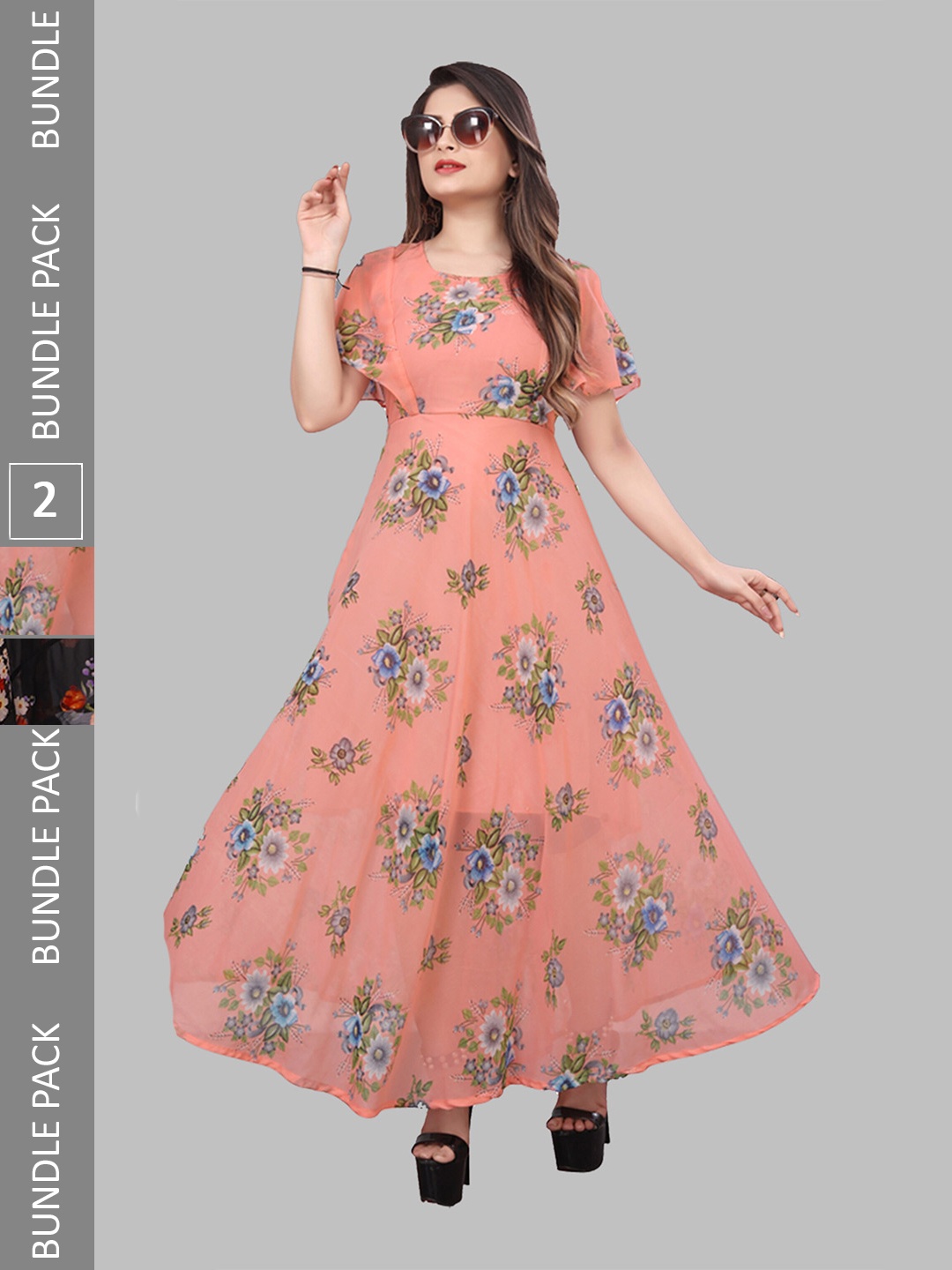 

N N ENTERPRISE Pack Of 2 Floral Printed Fit & Flare Maxi Dresses, Black