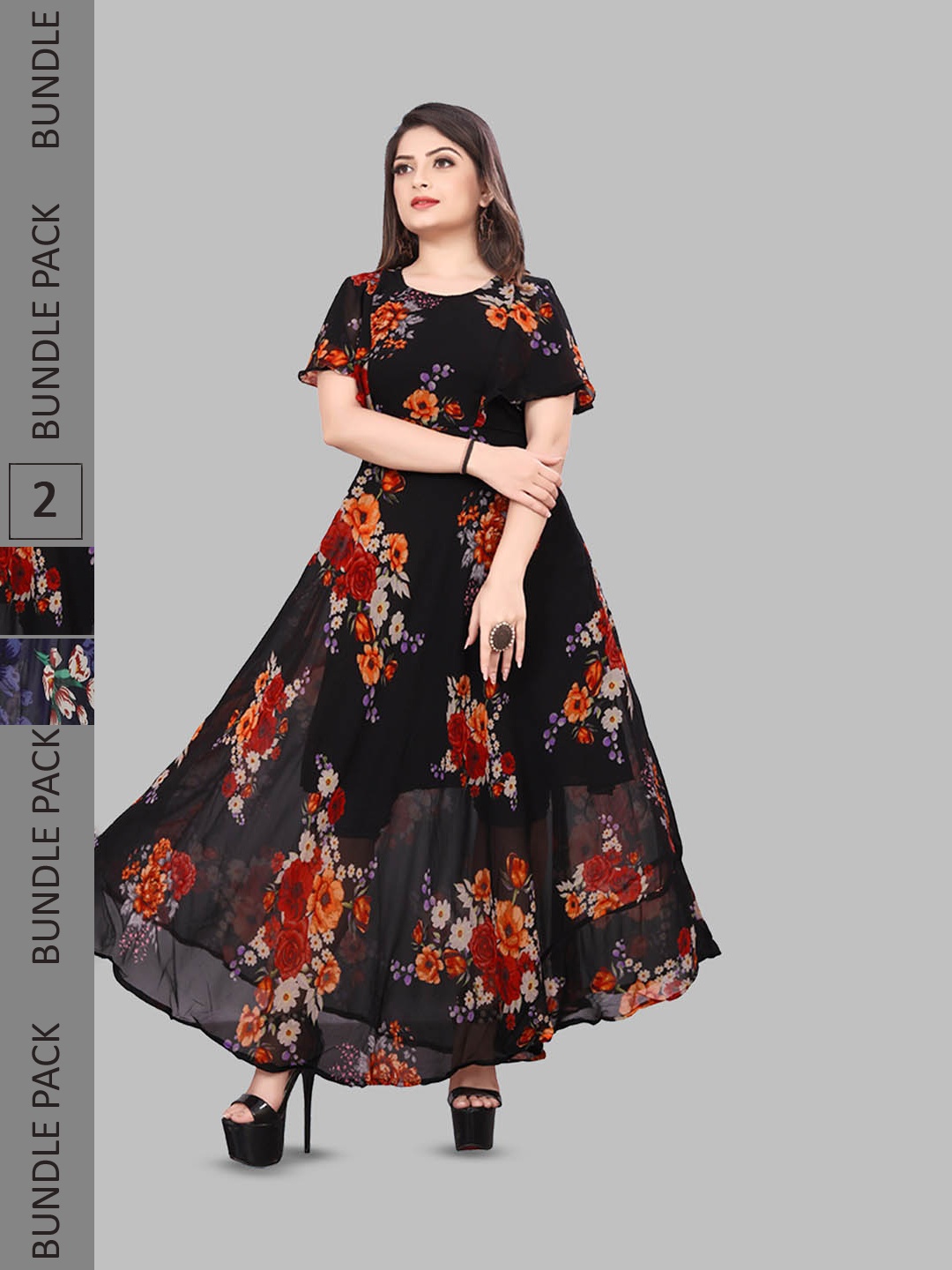 

N N ENTERPRISE Pack Of 2 Floral Printed Fit & Flare Maxi Dress, Navy blue